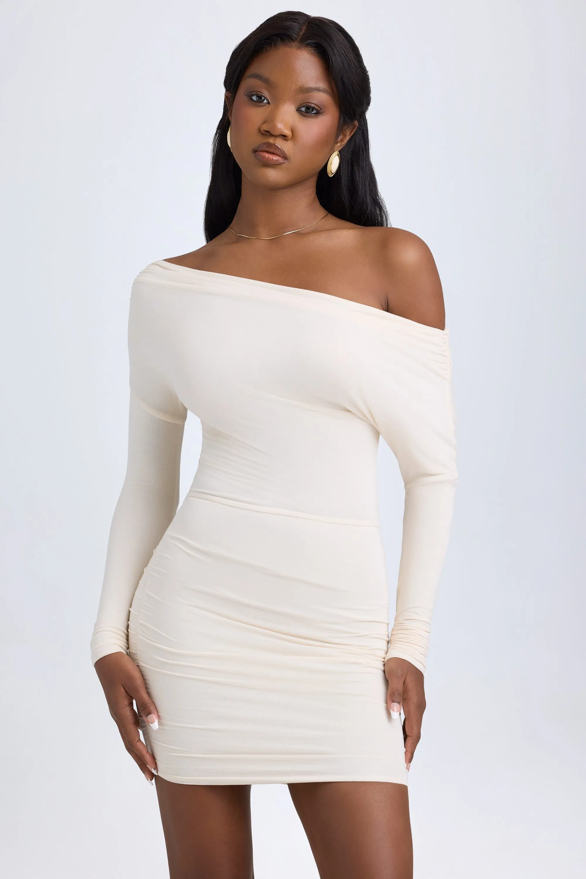 Modal Off-Shoulder Ruched Mini Dress in Ivory sold by Oh Polly product image thumbnail 5