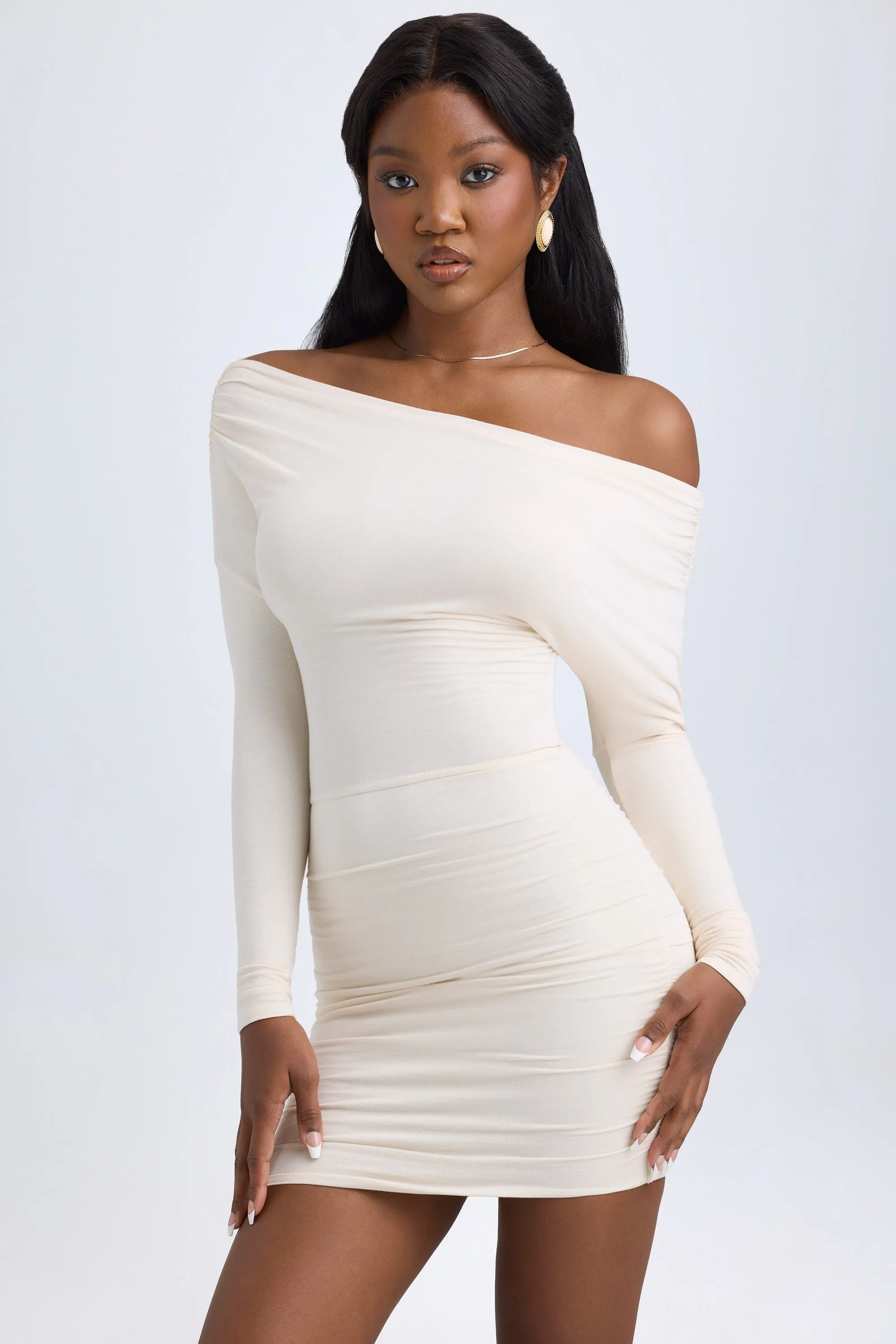Modal Off-Shoulder Ruched Mini Dress in Ivory sold by Oh Polly