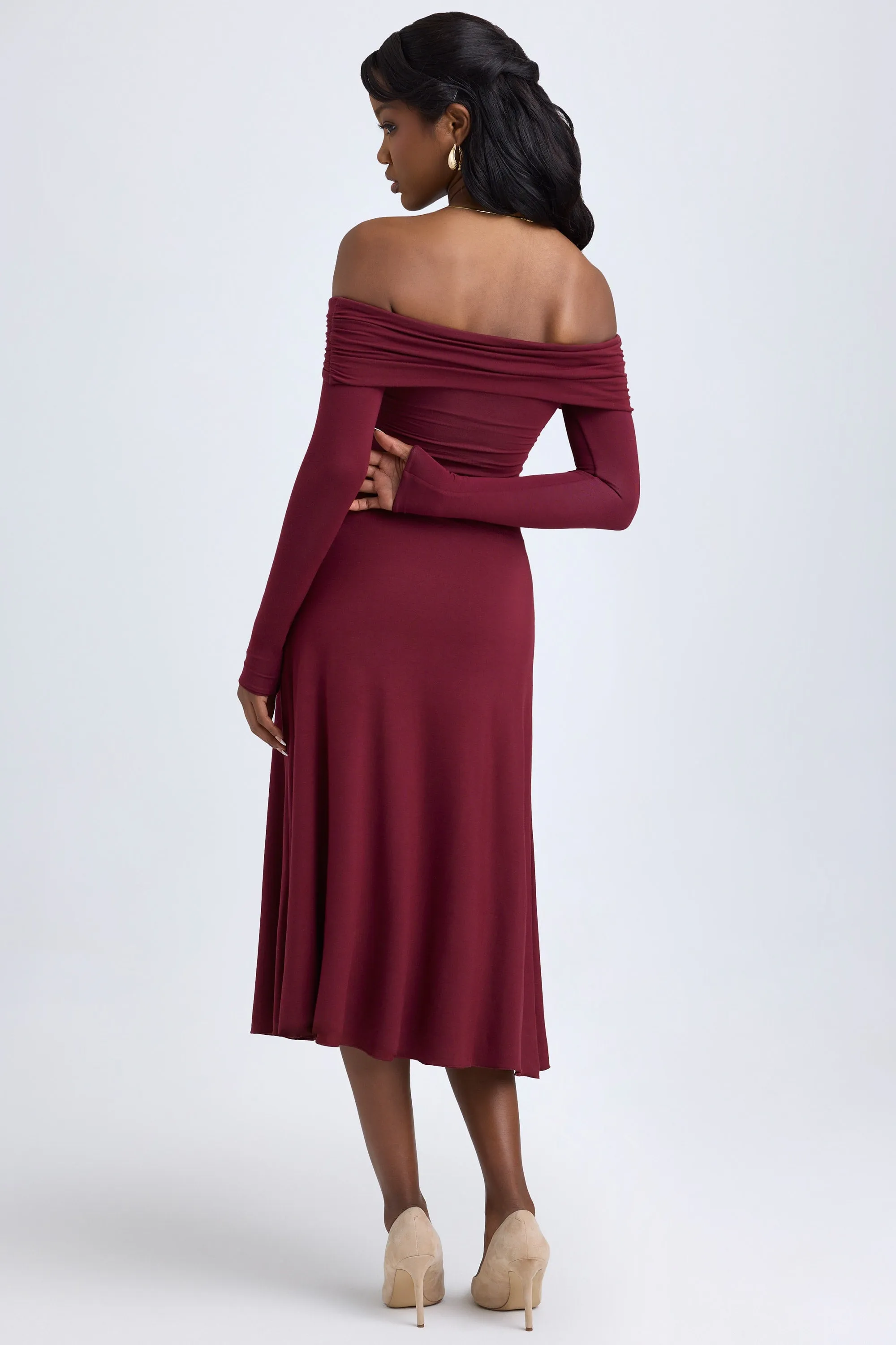 Modal Off-Shoulder Ruched Midaxi Dress in Wine Red sold by Oh Polly product image thumbnail 3
