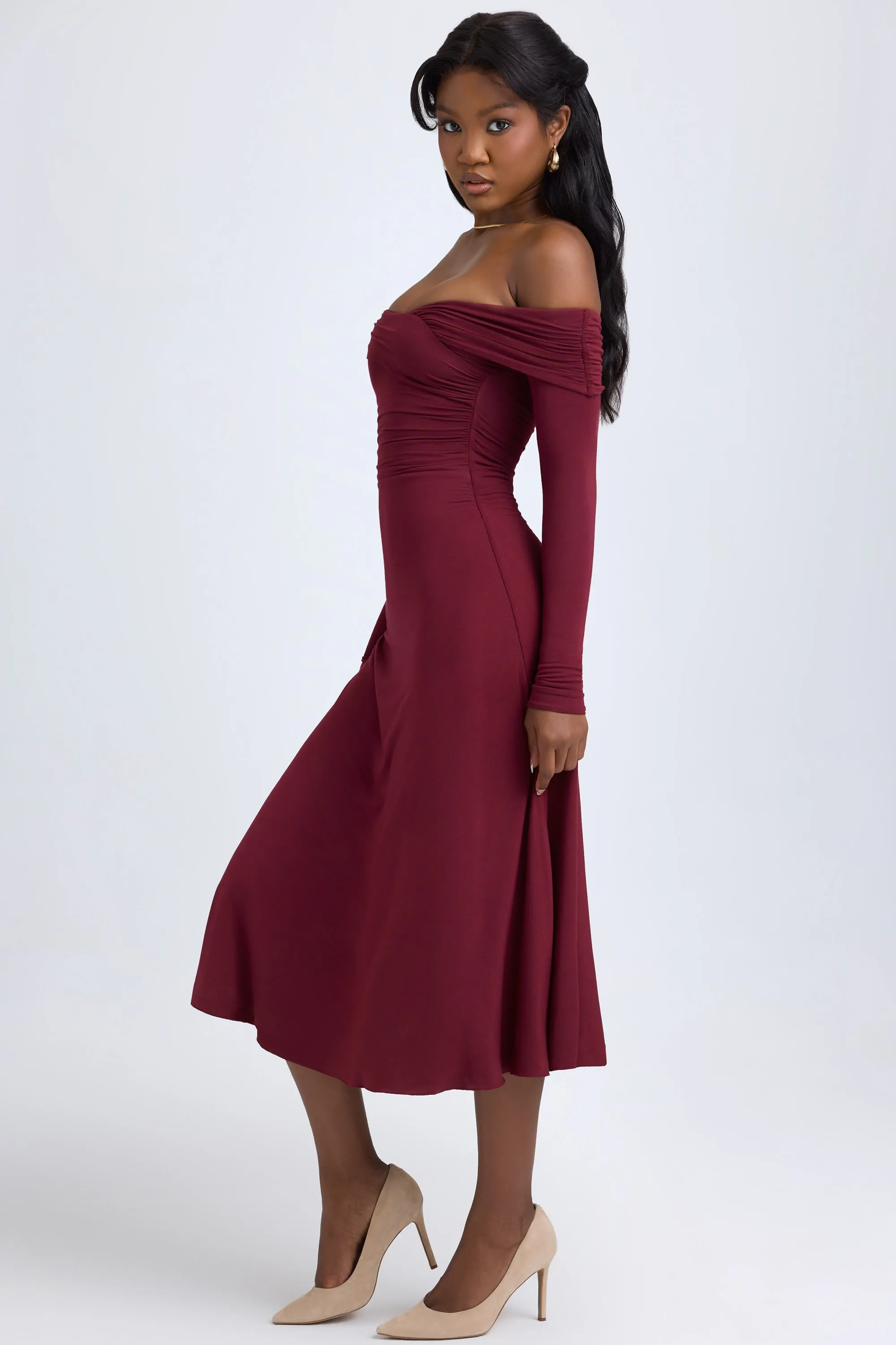 Modal Off-Shoulder Ruched Midaxi Dress in Wine Red sold by Oh Polly product image thumbnail 4