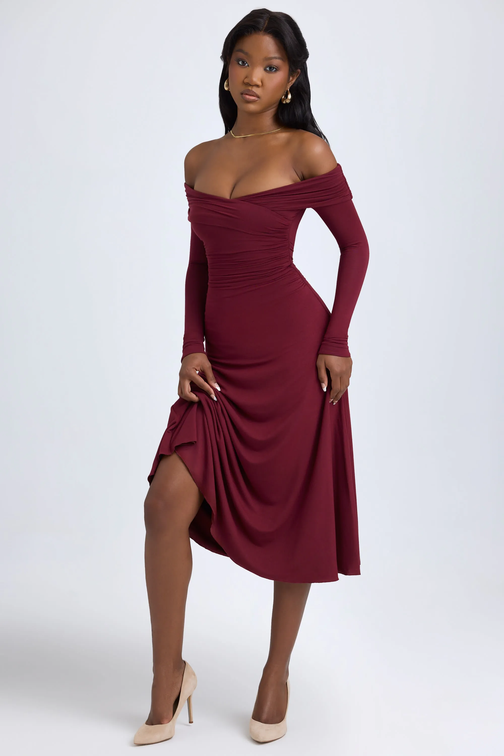 Modal Off-Shoulder Ruched Midaxi Dress in Wine Red sold by Oh Polly