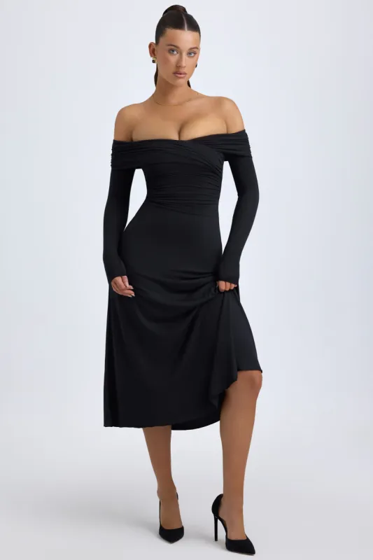 Modal Off-Shoulder Ruched Midaxi Dress in Black sold by Oh Polly