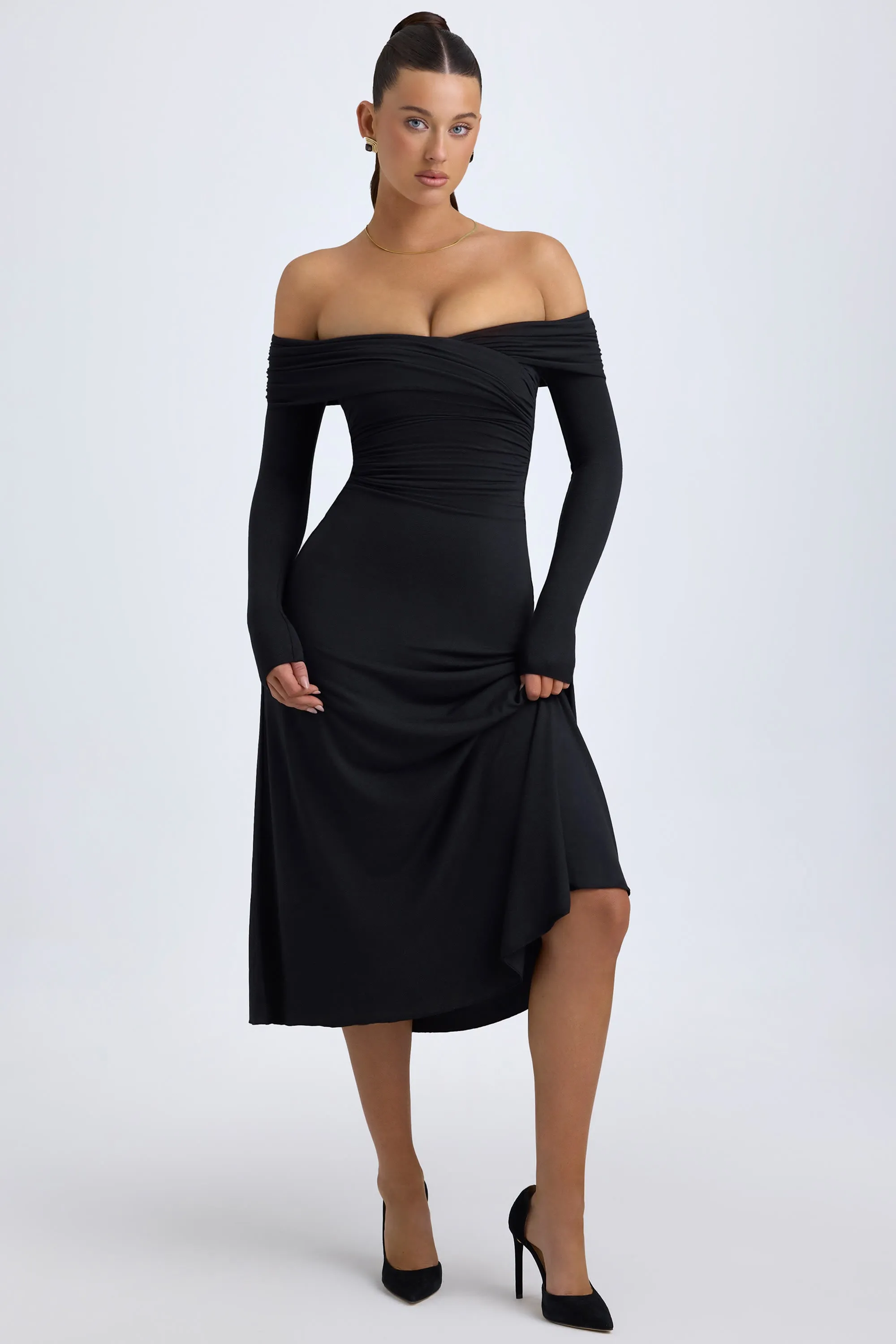 Modal Off-Shoulder Ruched Midaxi Dress in Black sold by Oh Polly