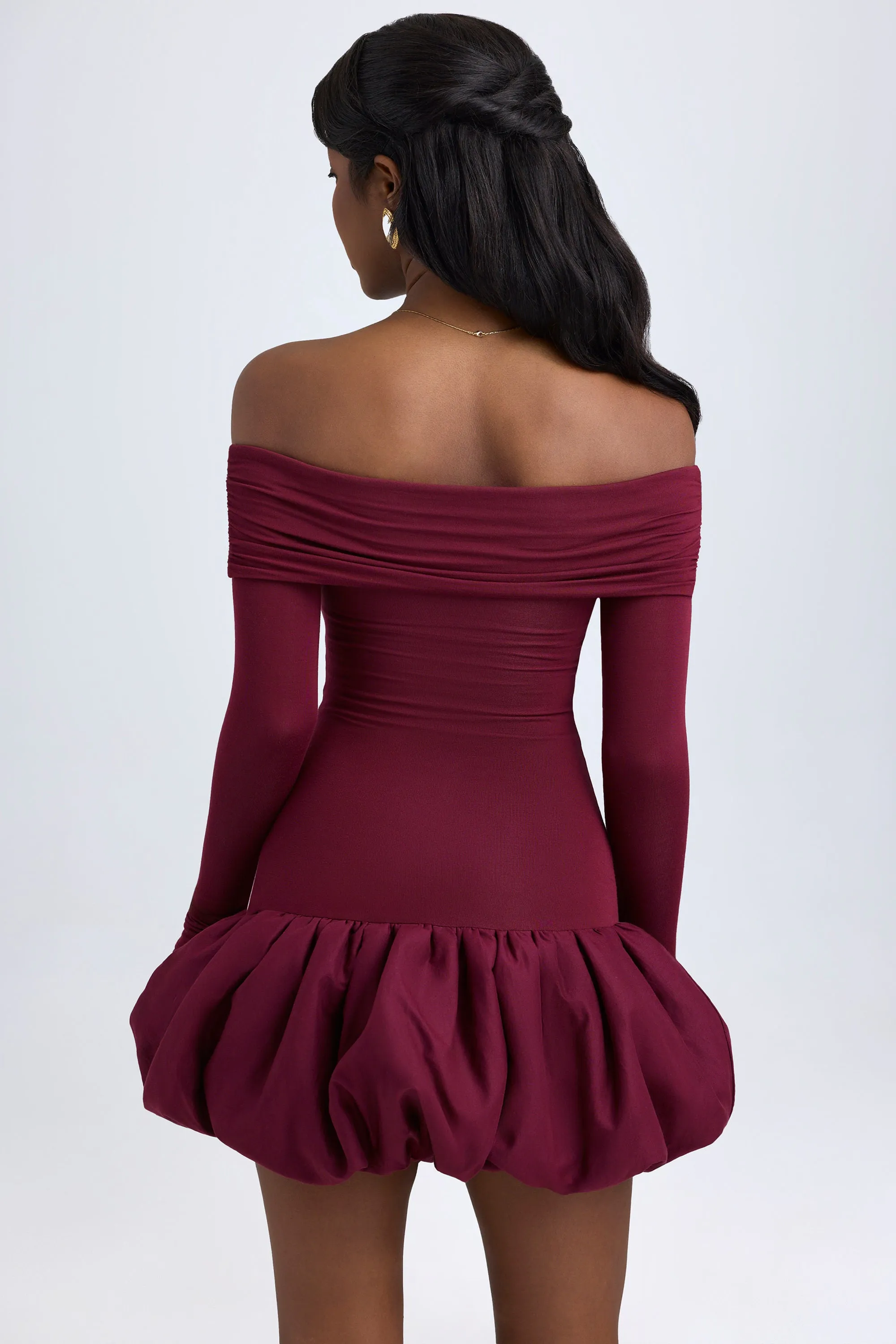 Modal Off-Shoulder Bubble Hem Mini Dress in Wine Red sold by Oh Polly product image thumbnail 3