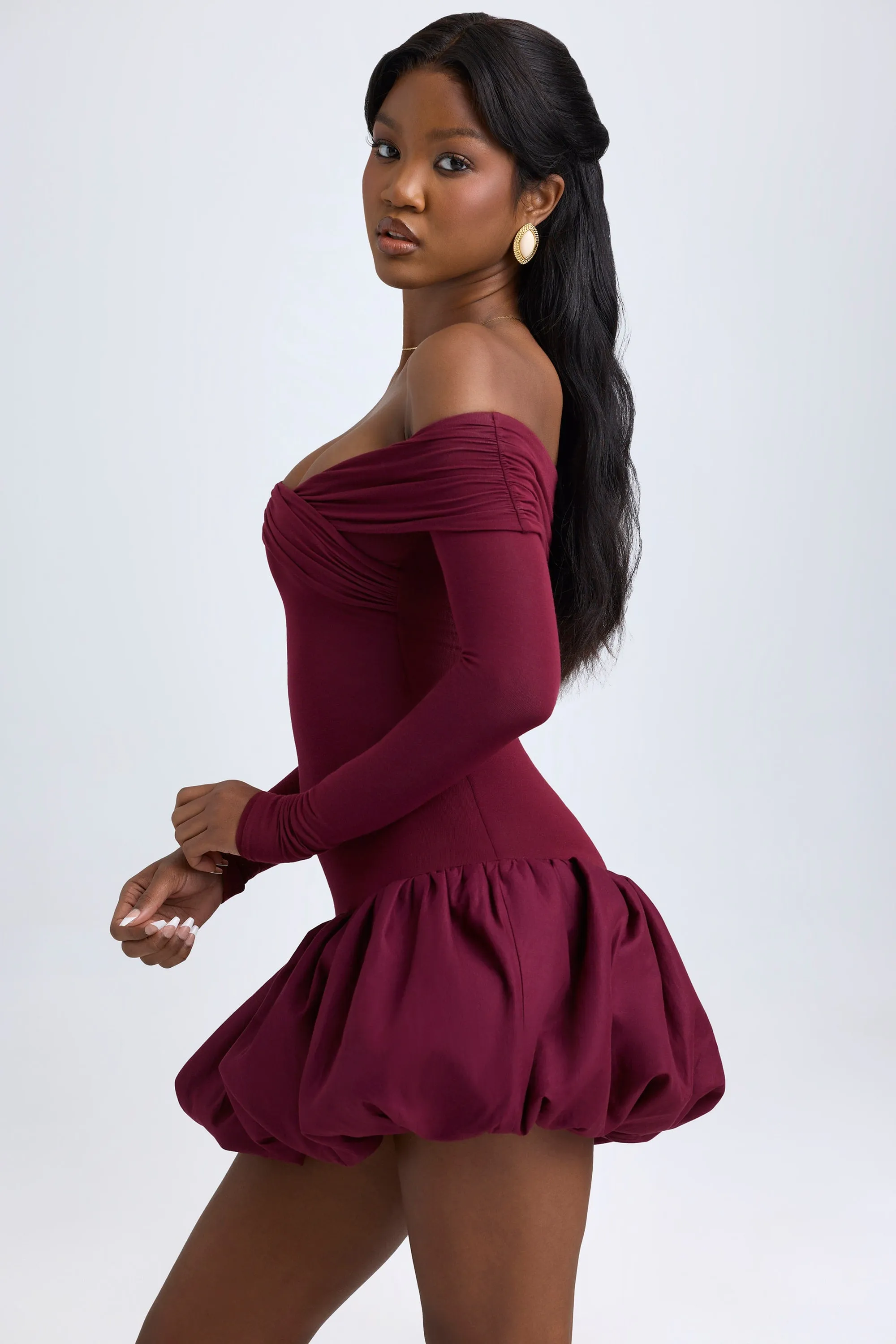 Modal Off-Shoulder Bubble Hem Mini Dress in Wine Red sold by Oh Polly product image thumbnail 4