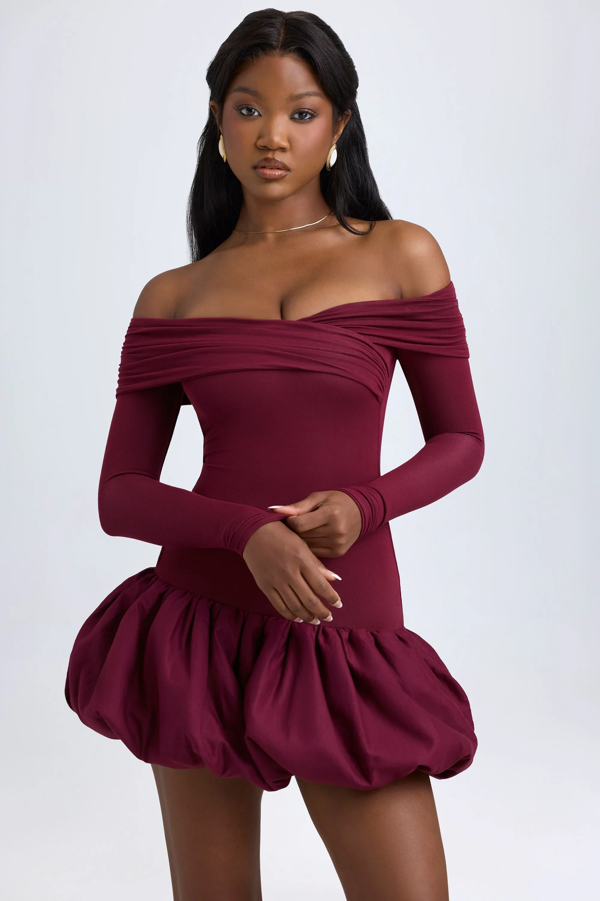 Modal Off-Shoulder Bubble Hem Mini Dress in Wine Red sold by Oh Polly