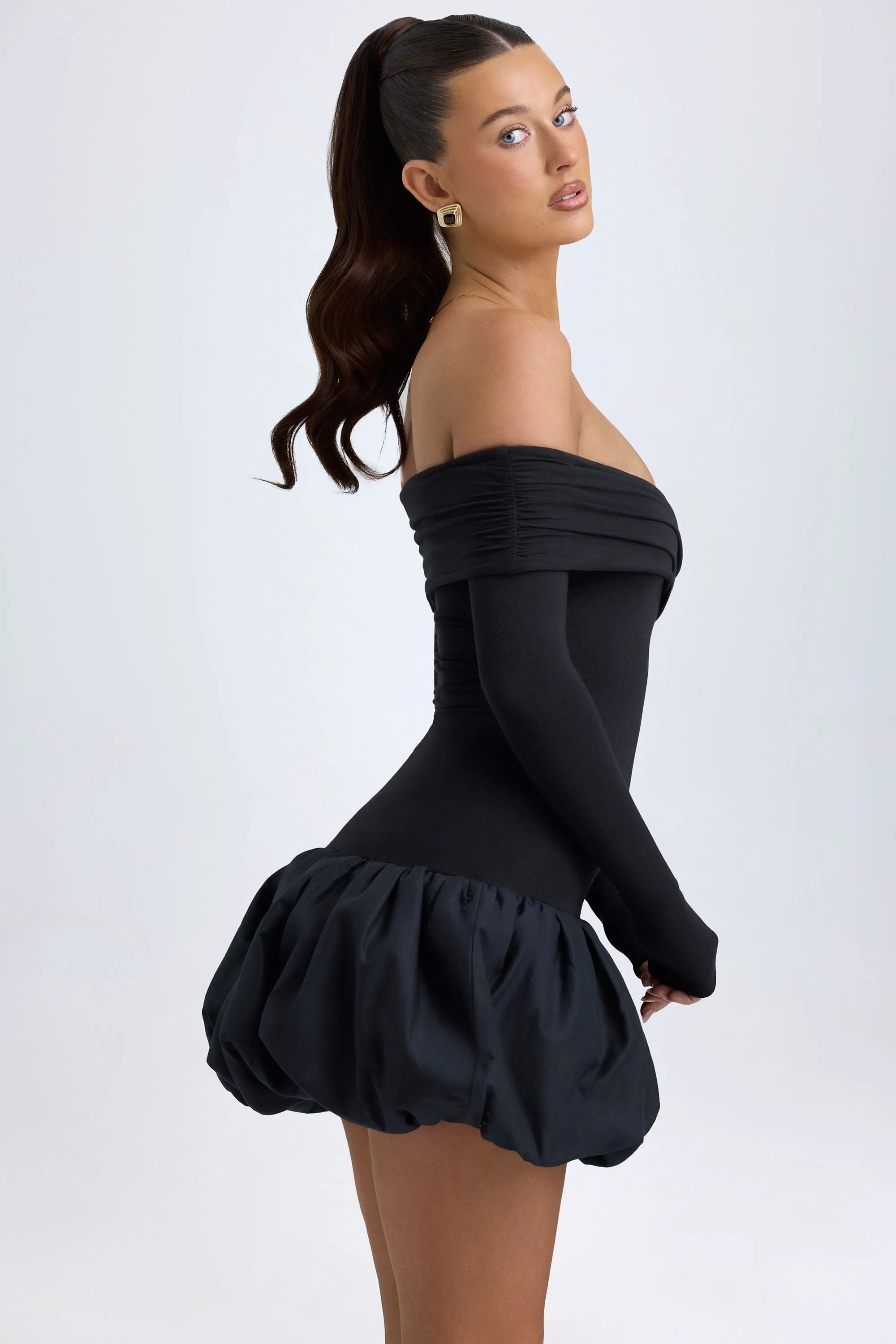 Modal Off-Shoulder Bubble Hem Mini Dress in Black sold by Oh Polly product image thumbnail 3