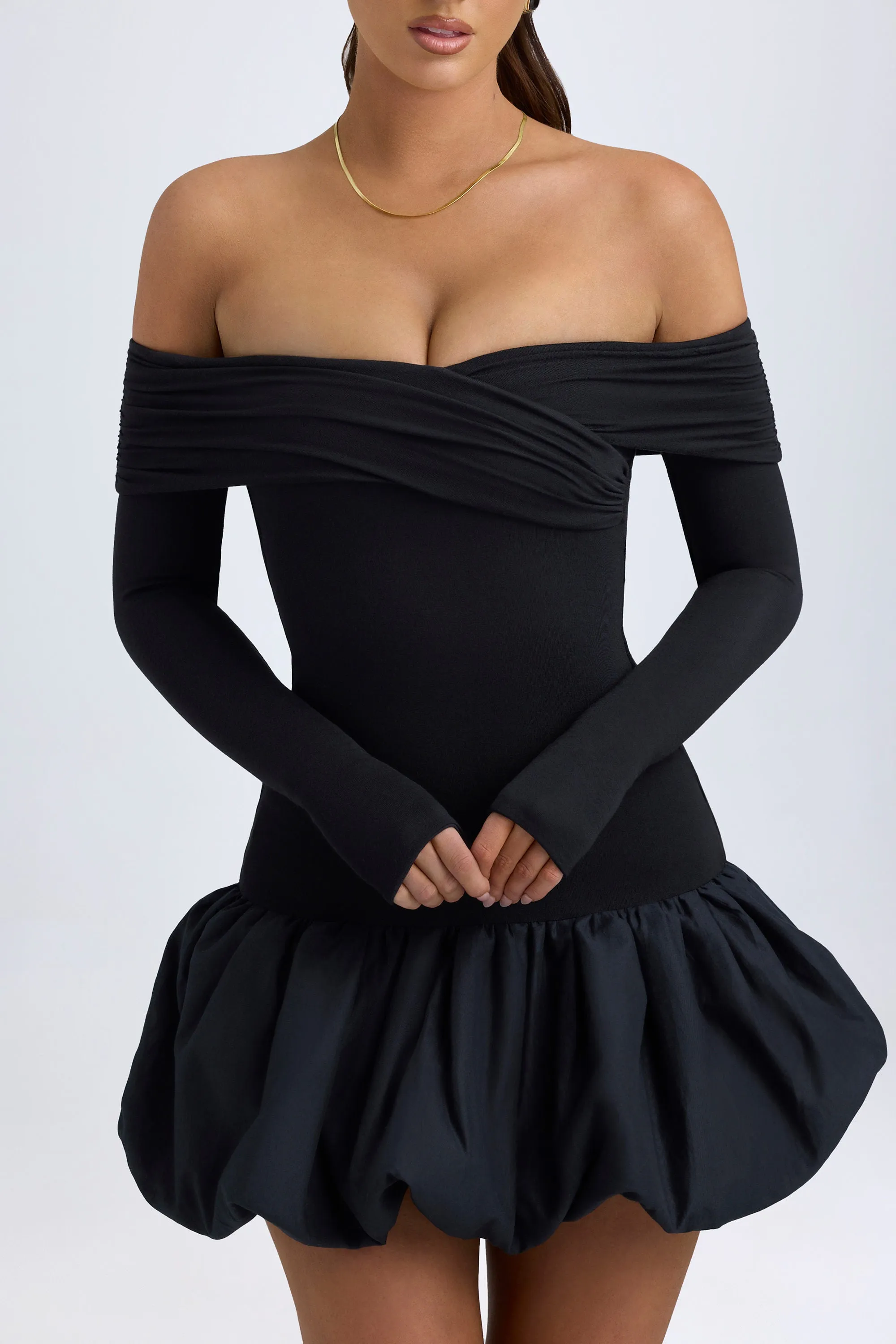 Modal Off-Shoulder Bubble Hem Mini Dress in Black sold by Oh Polly product image thumbnail 4