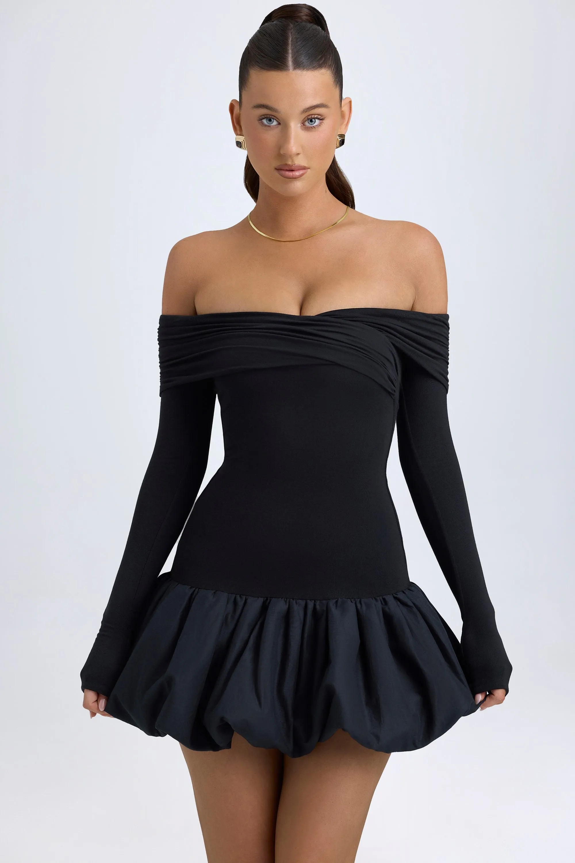 Modal Off-Shoulder Bubble Hem Mini Dress in Black sold by Oh Polly