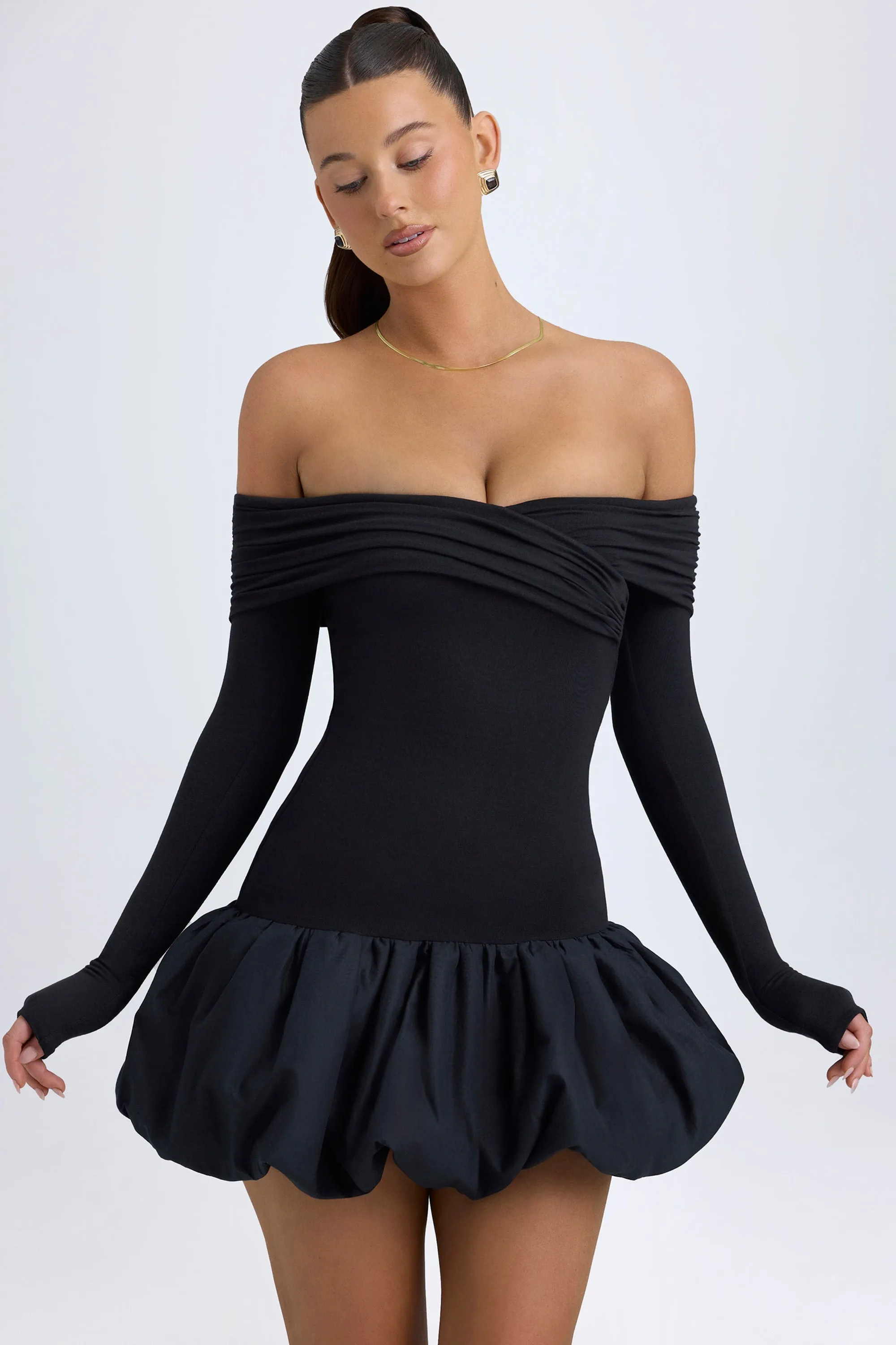 Modal Off-Shoulder Bubble Hem Mini Dress in Black sold by Oh Polly product image thumbnail 5