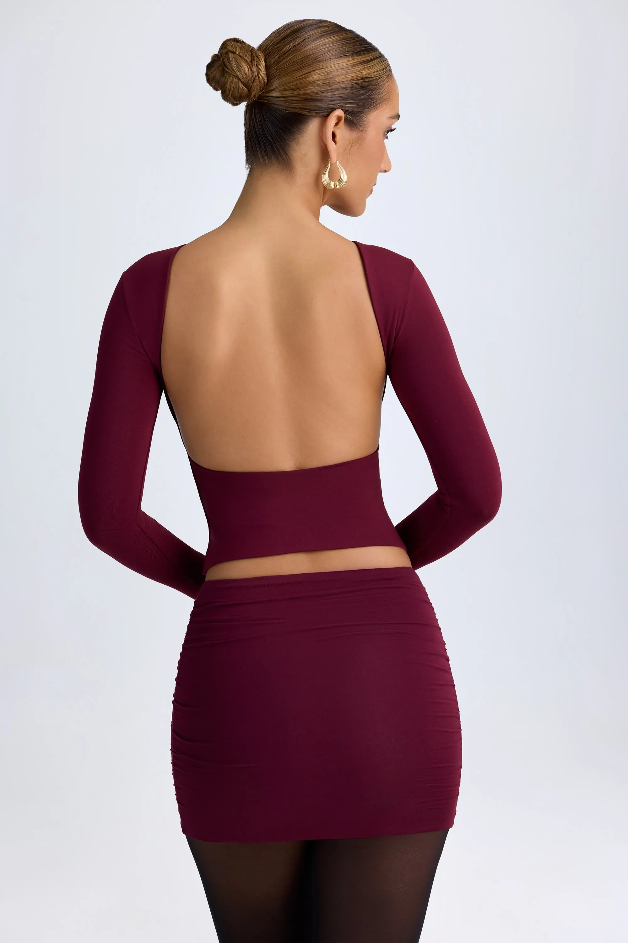 Modal High Neck Long Sleeve Open Back Top in Wine Red sold by Oh Polly product image thumbnail 2