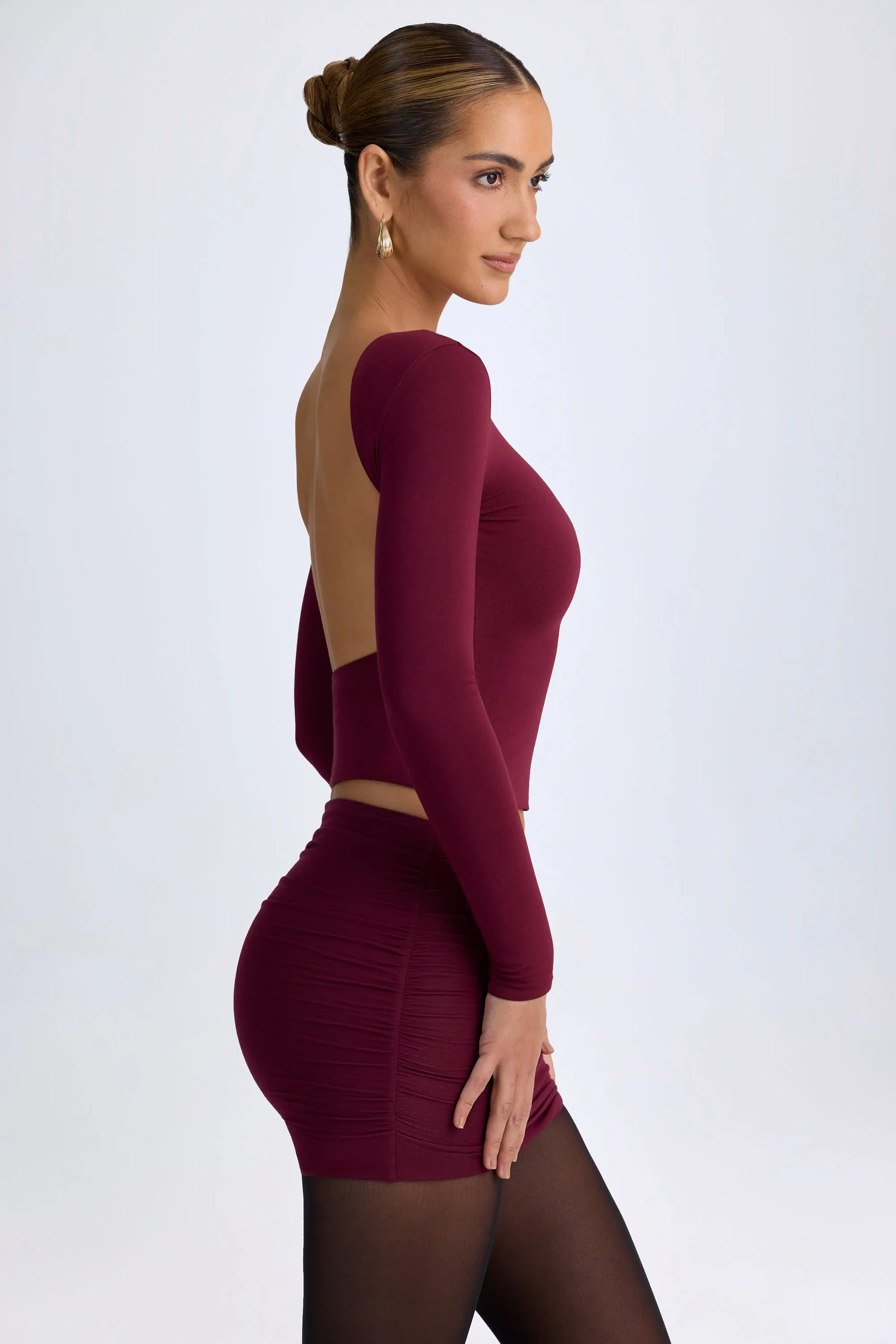Modal High Neck Long Sleeve Open Back Top in Wine Red sold by Oh Polly product image thumbnail 3