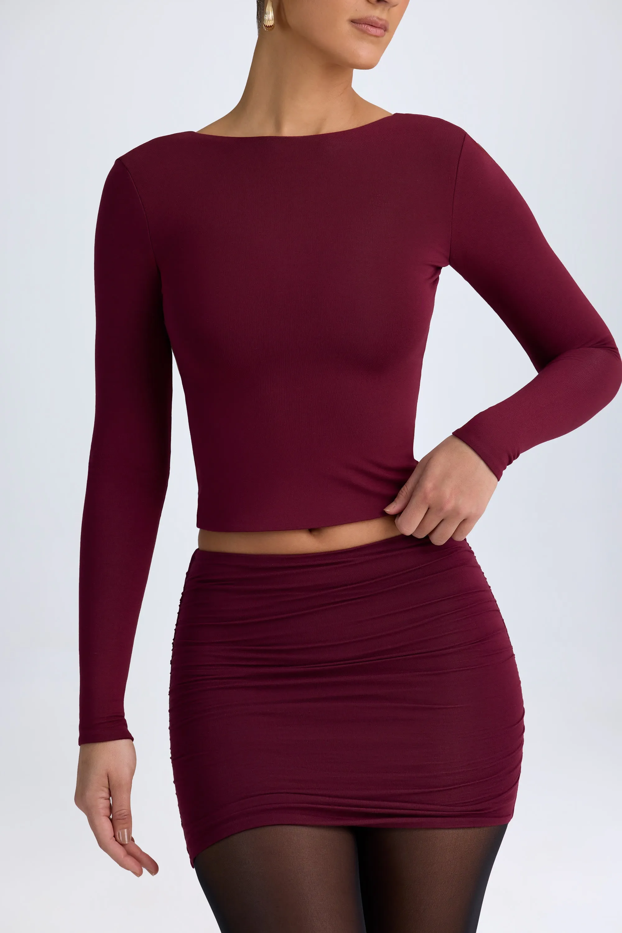 Modal High Neck Long Sleeve Open Back Top in Wine Red sold by Oh Polly product image thumbnail 4
