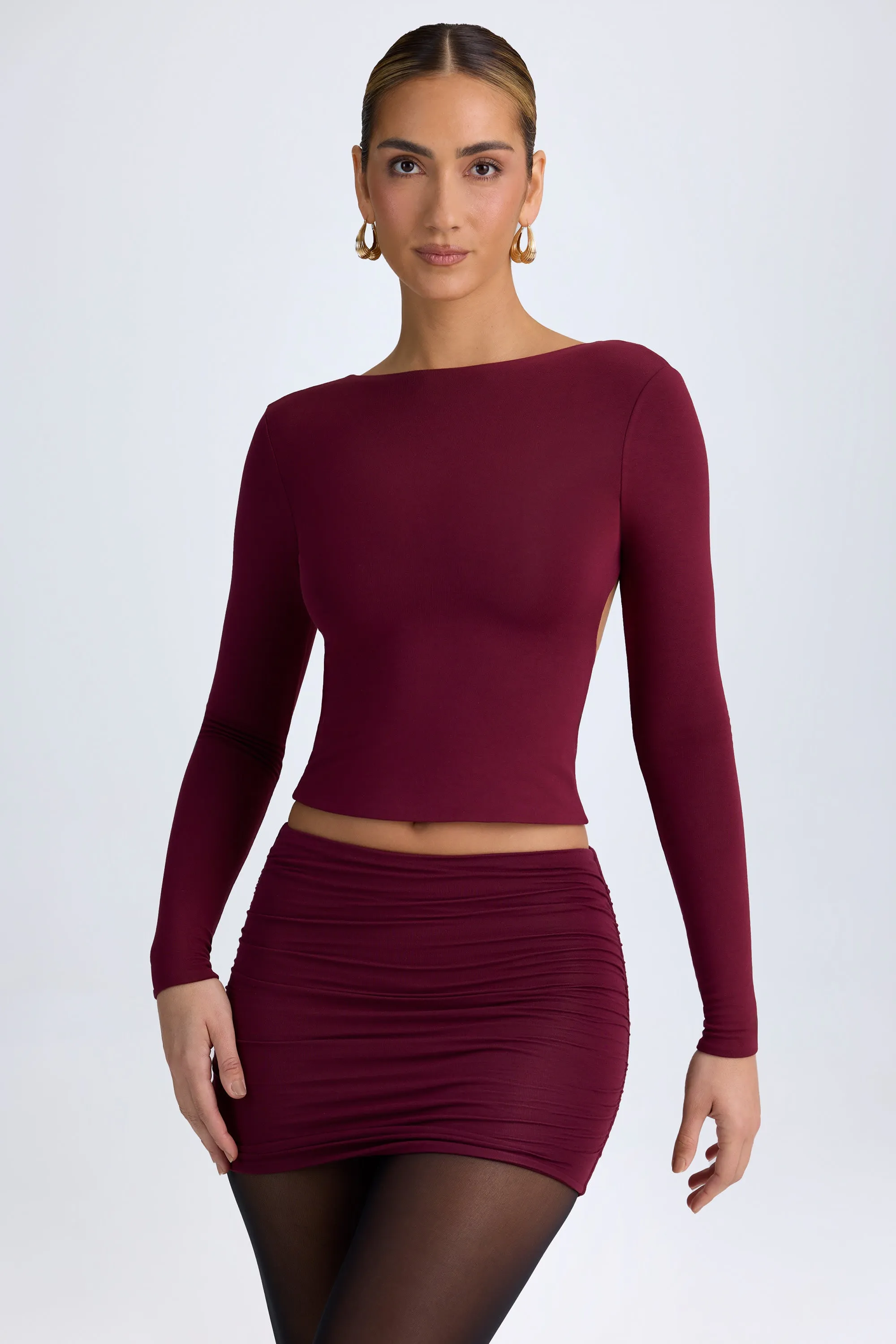 Modal High Neck Long Sleeve Open Back Top in Wine Red sold by Oh Polly product image thumbnail 5
