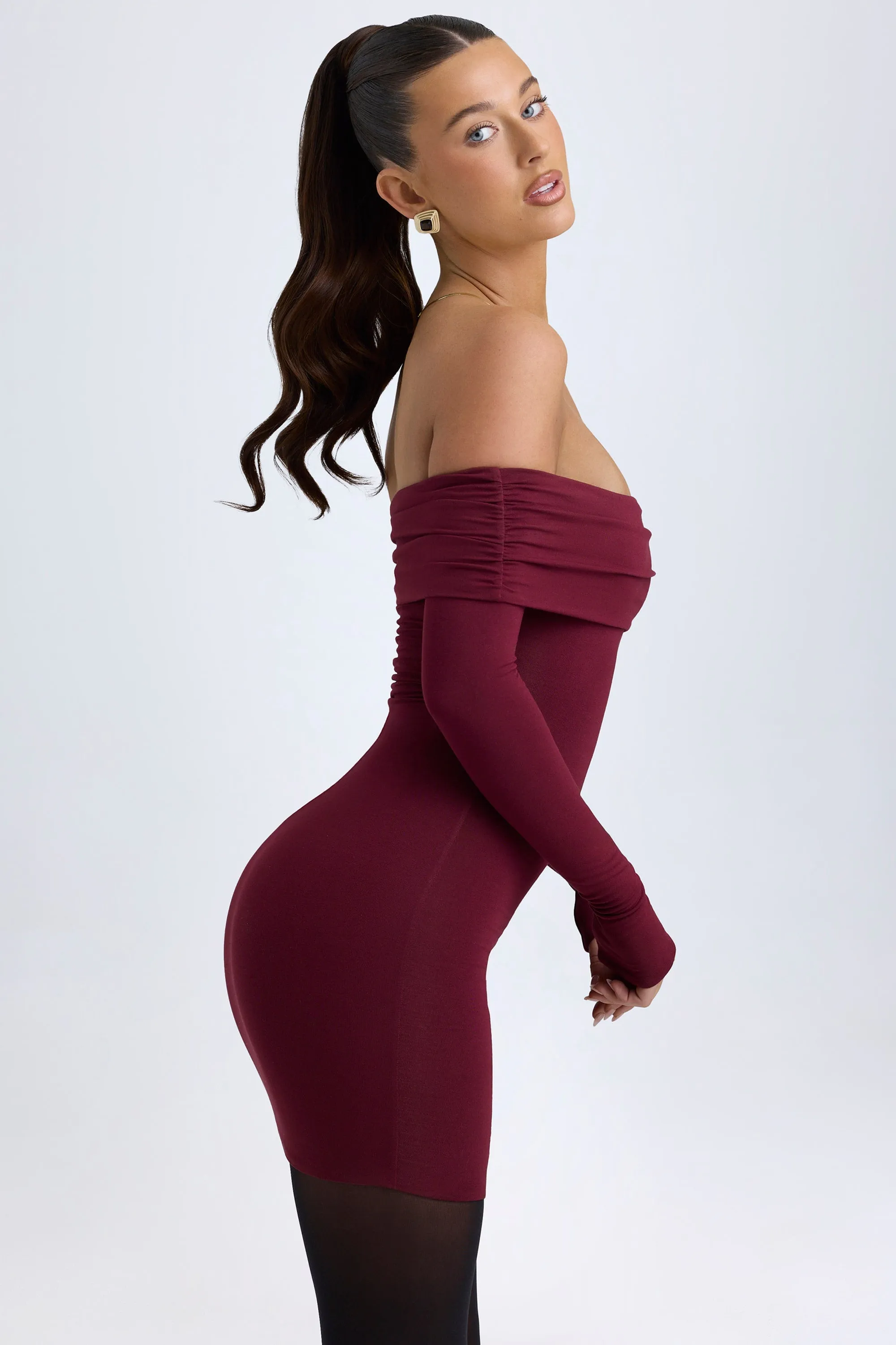 Modal Off-Shoulder Mini Dress in Wine Red sold by Oh Polly product image thumbnail 4