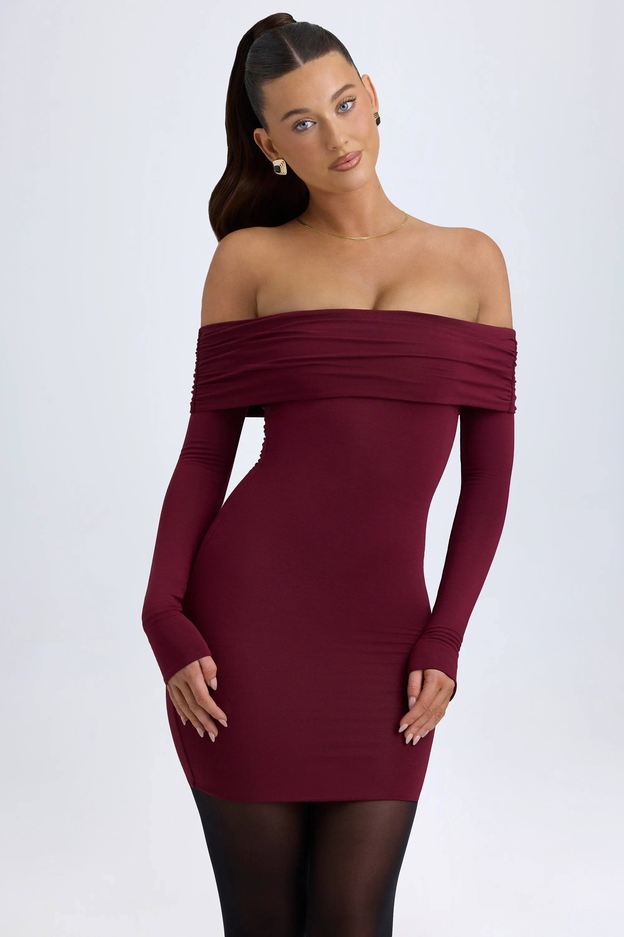 Modal Off-Shoulder Mini Dress in Wine Red sold by Oh Polly