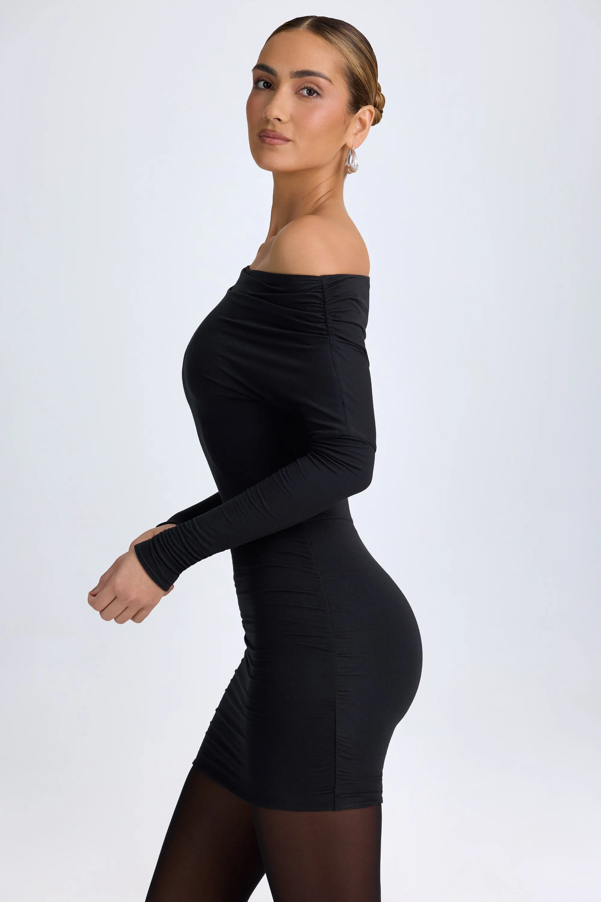 Modal Off-Shoulder Ruched Mini Dress in Black sold by Oh Polly product image thumbnail 3