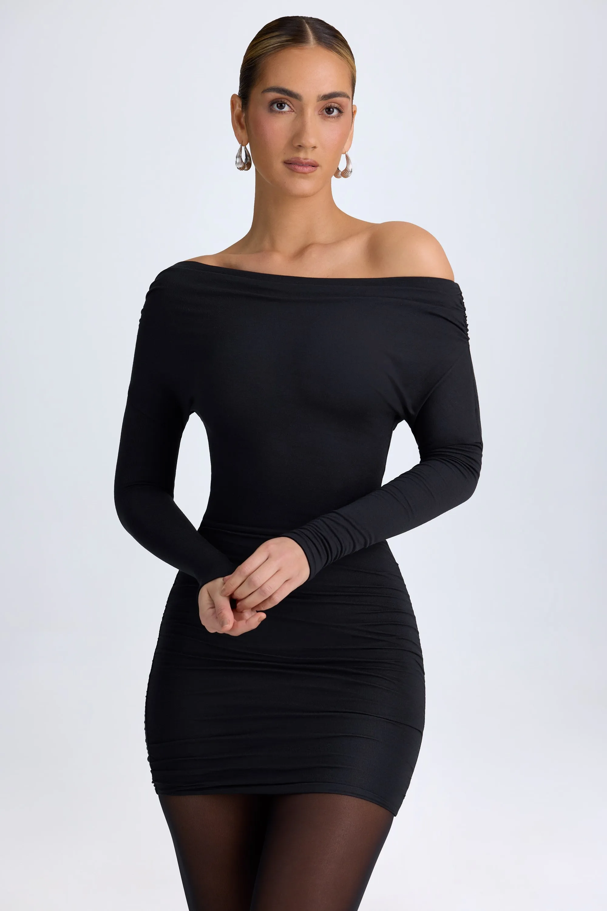 Modal Off-Shoulder Ruched Mini Dress in Black sold by Oh Polly product image thumbnail 5