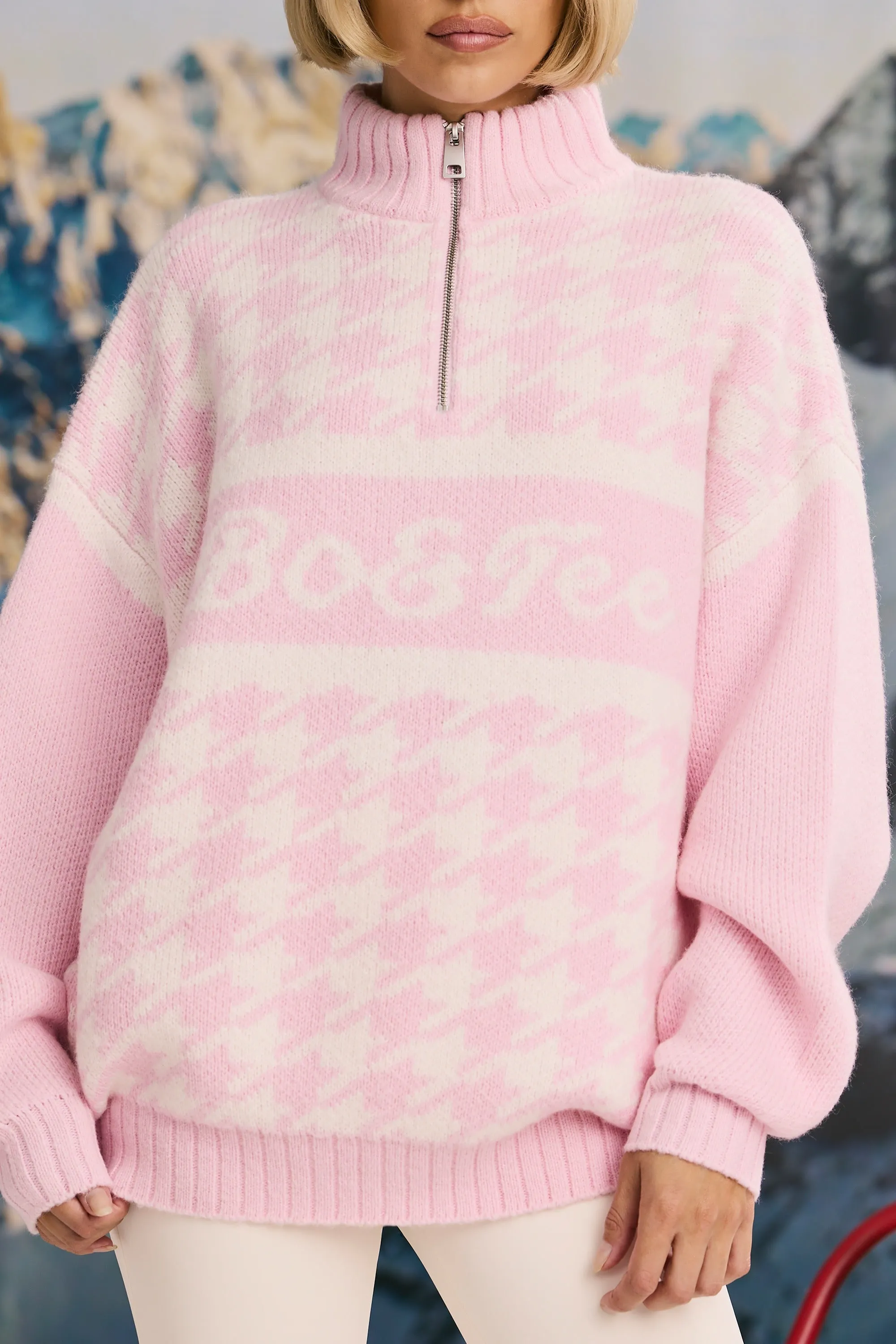 Oversized Half-Zip Chunky-Knit Jumper in Pastel Pink sold by Oh Polly product image thumbnail 4