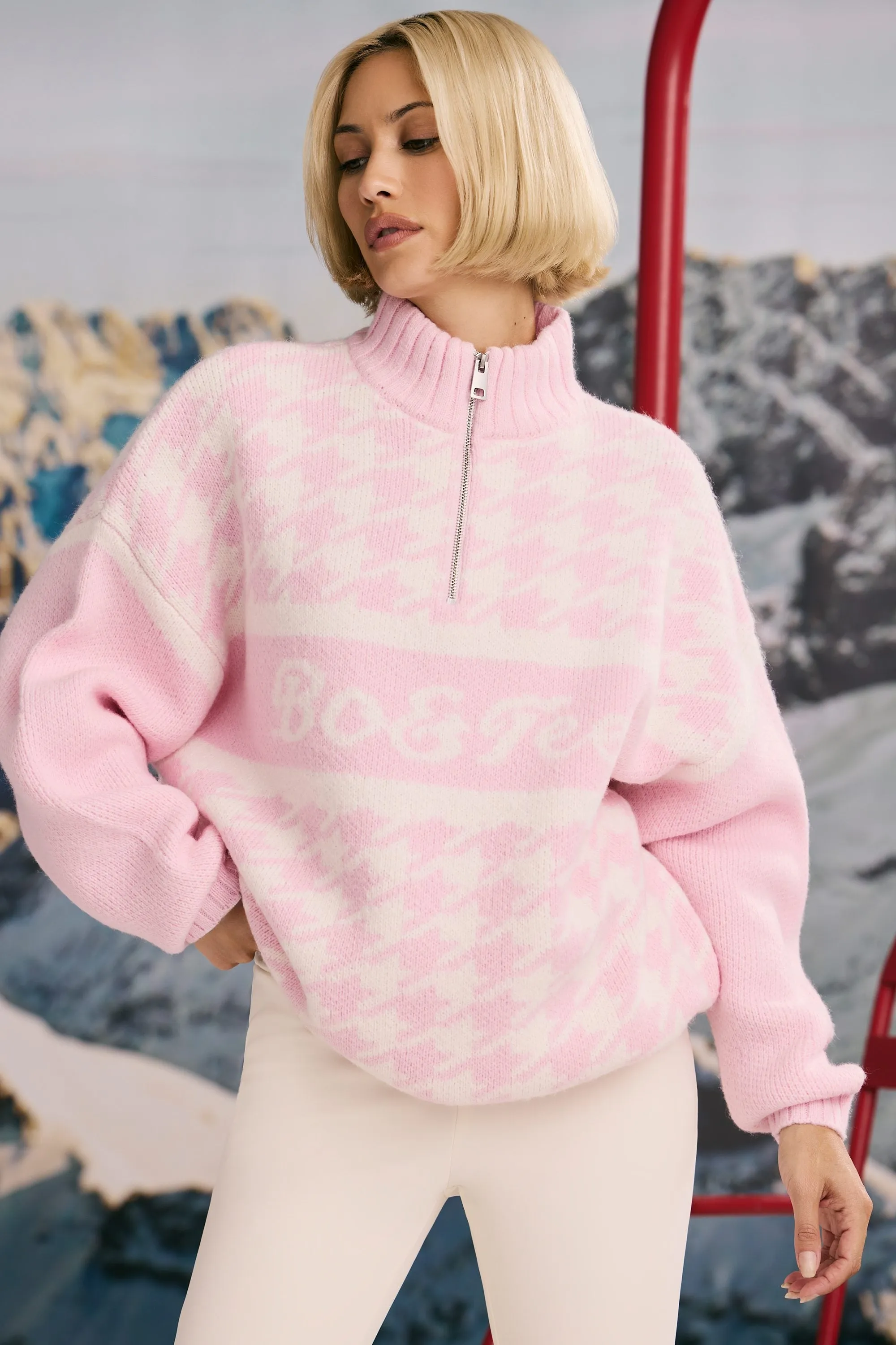 Oversized Half-Zip Chunky-Knit Jumper in Pastel Pink sold by Oh Polly product image thumbnail 5