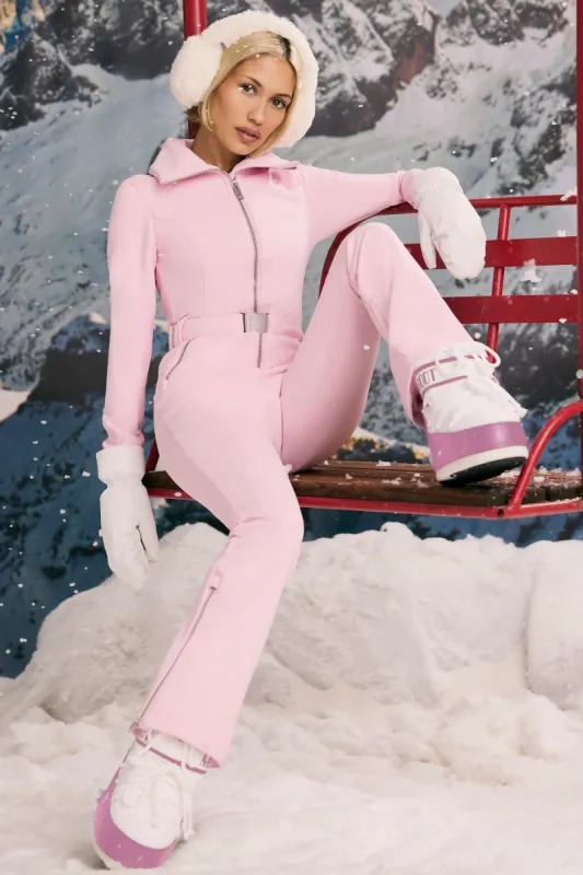 Fleece-Lined Belted Ski Suit in Pastel Pink sold by Oh Polly