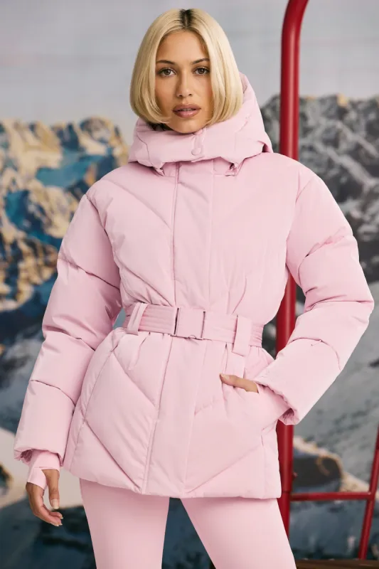 Oversized Quilted Hooded Ski Jacket in Pastel Pink sold by Oh Polly