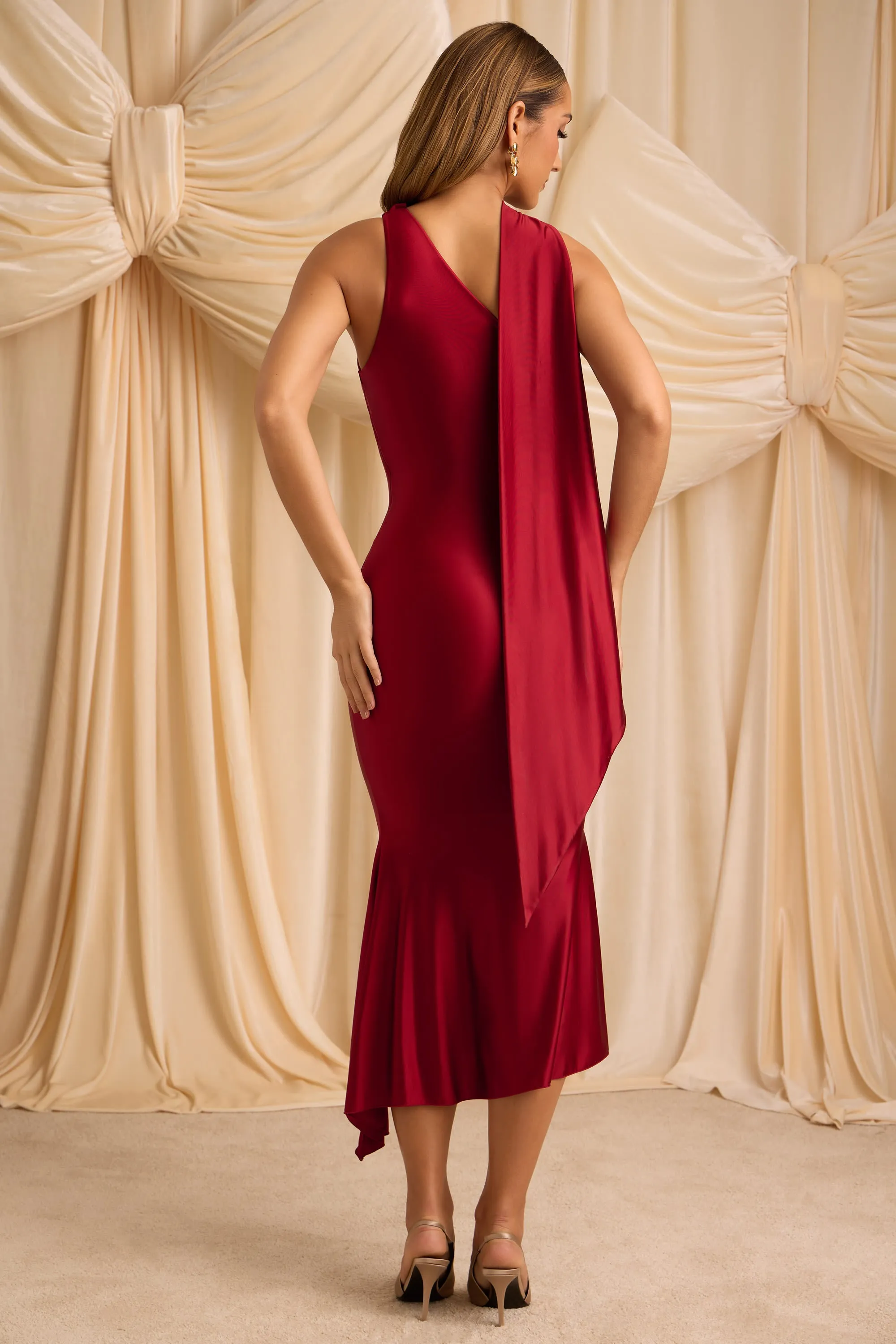 Asymmetric Scarf-Detail Midaxi Dress in True Red sold by Oh Polly product image thumbnail 3