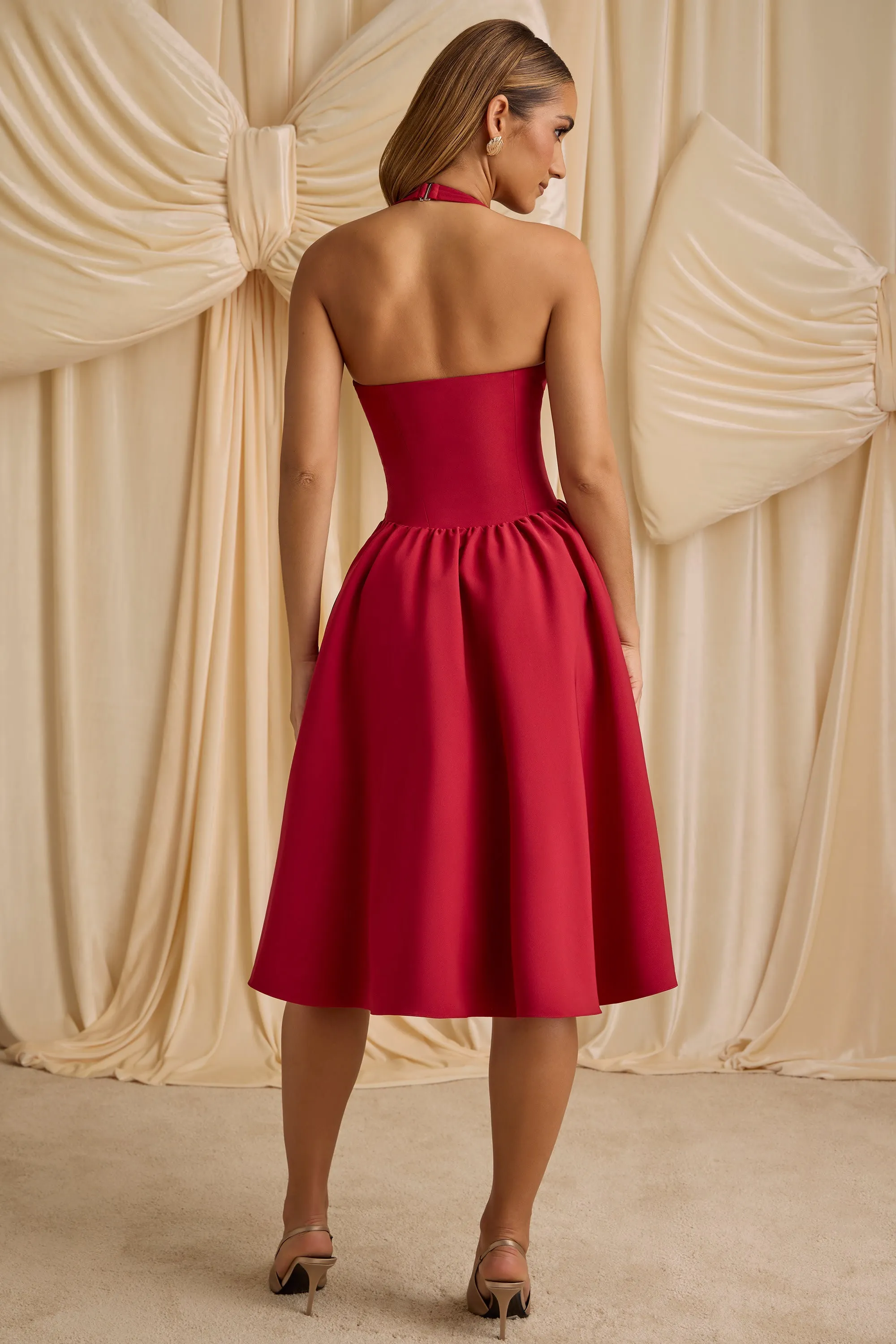 Halterneck Bow-Detail Midi Dress in True Red sold by Oh Polly product image thumbnail 3