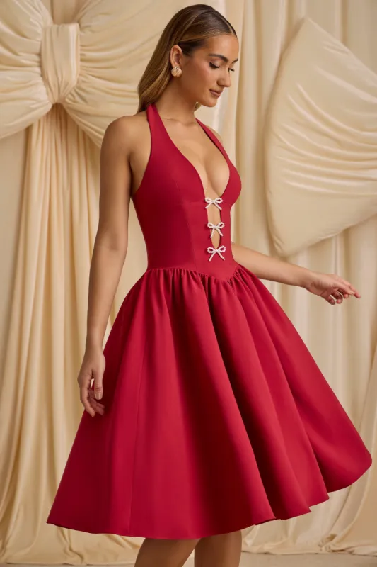 Halterneck Bow-Detail Midi Dress in True Red sold by Oh Polly