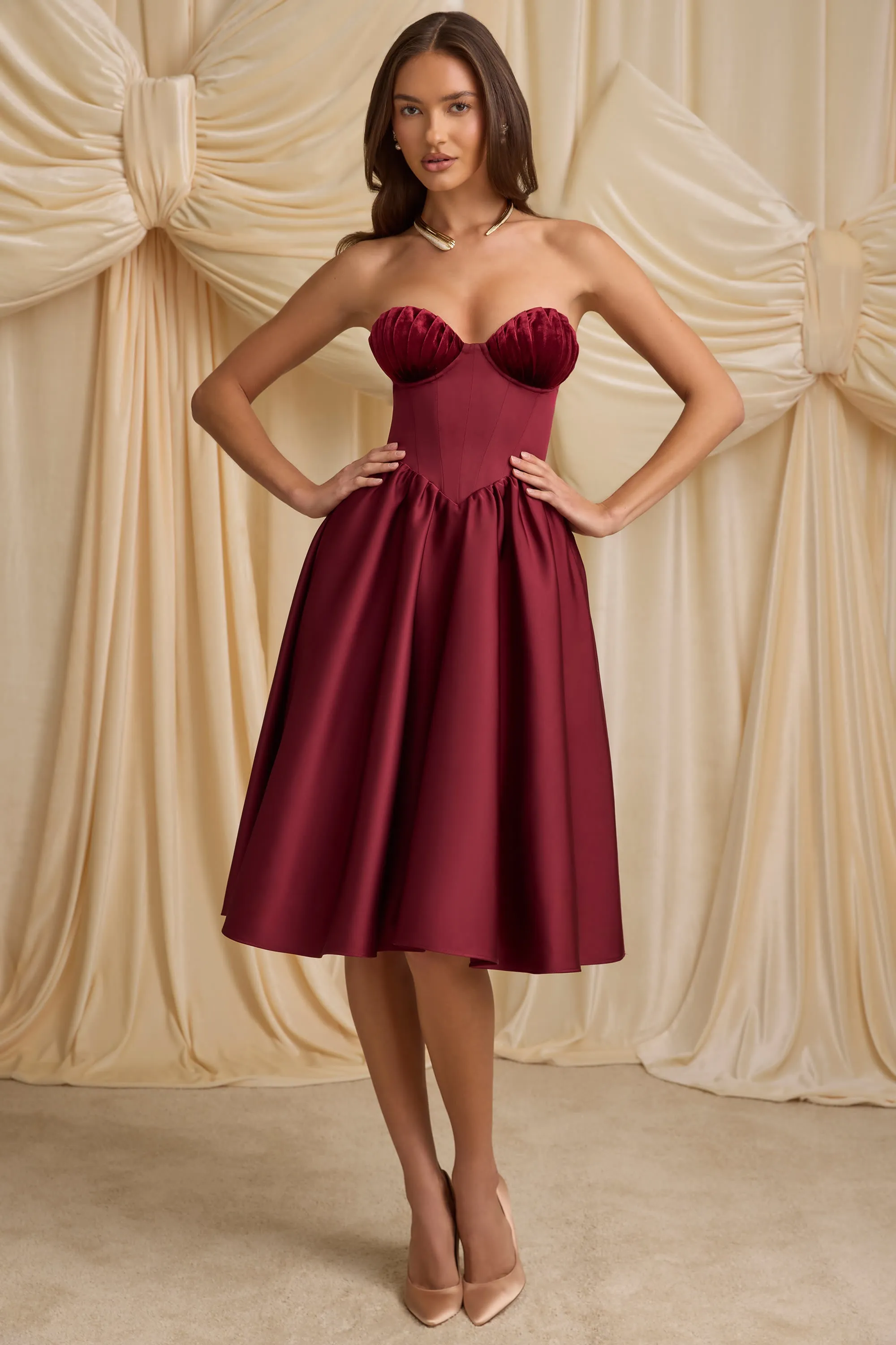 Strapless Corset Midi Dress in Wine Red sold by Oh Polly product image thumbnail 5