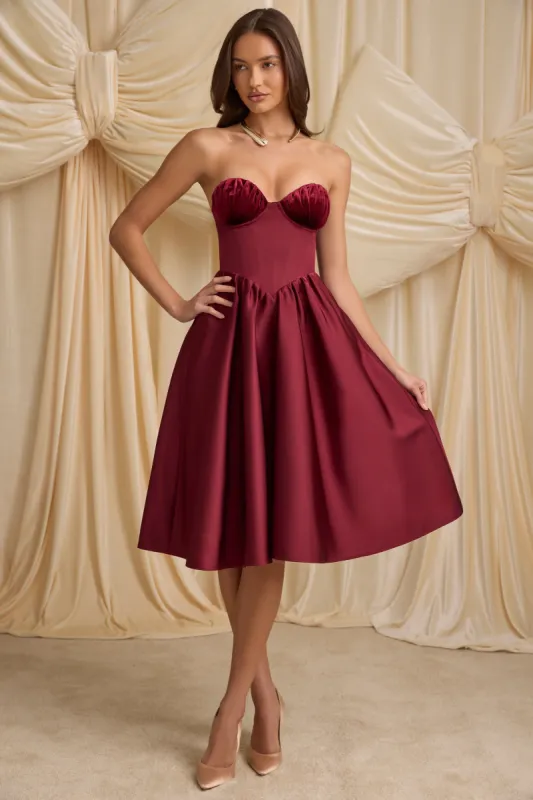 Strapless Corset Midi Dress in Wine Red sold by Oh Polly