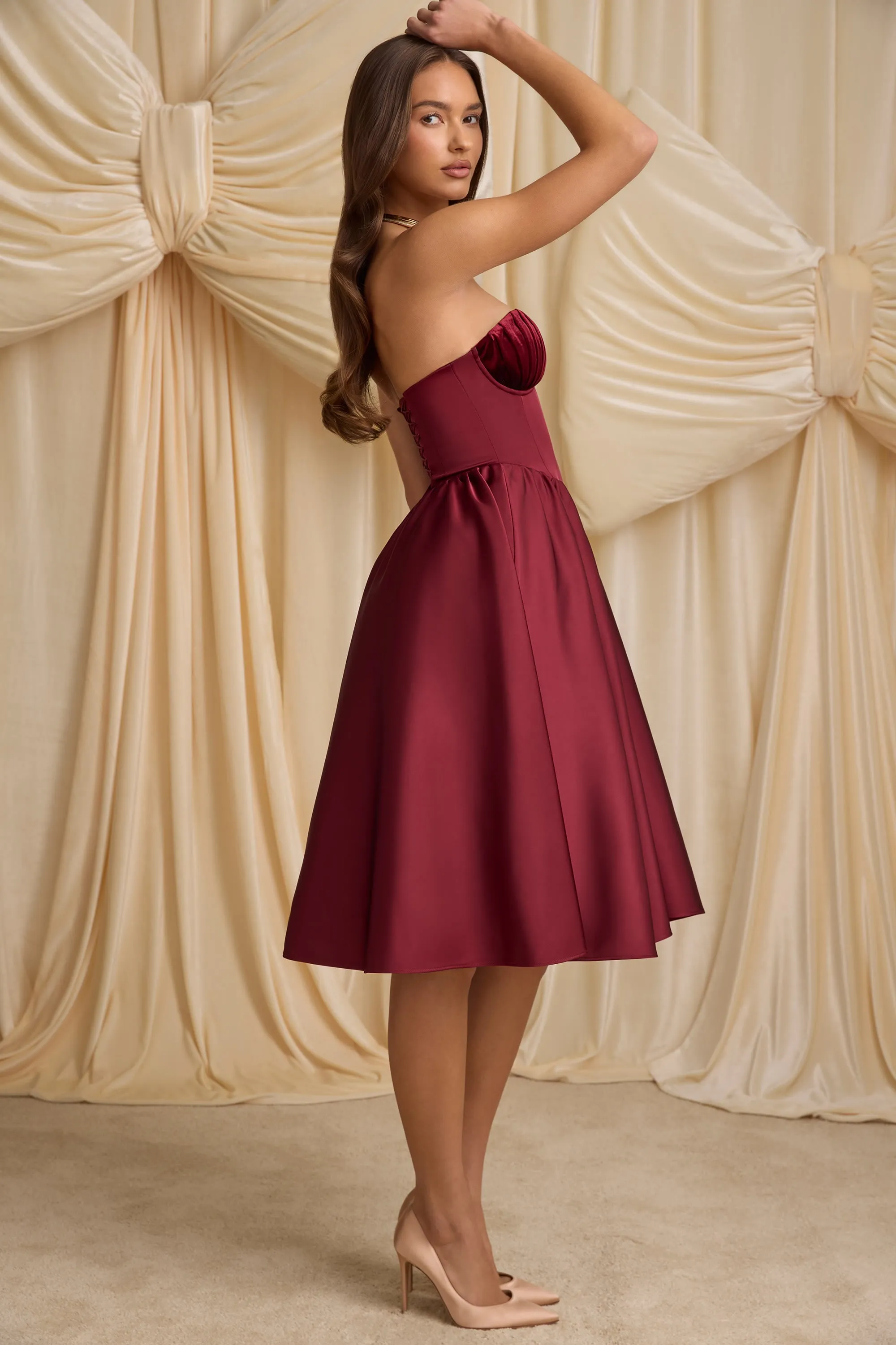 Strapless Corset Midi Dress in Wine Red sold by Oh Polly product image thumbnail 3