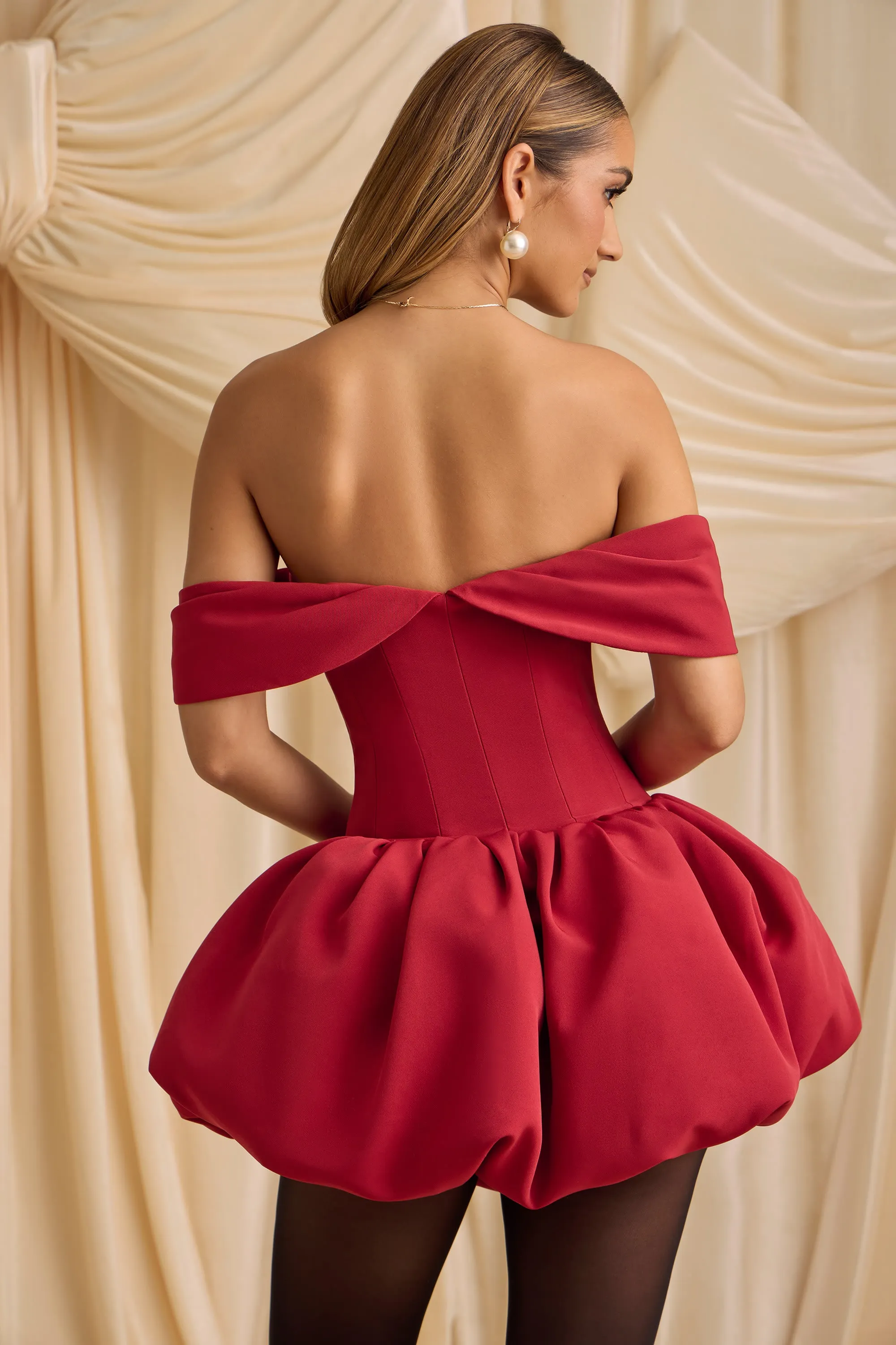 Off-Shoulder Layered Bubble Hem Corset Mini Dress in True Red sold by Oh Polly product image thumbnail 2
