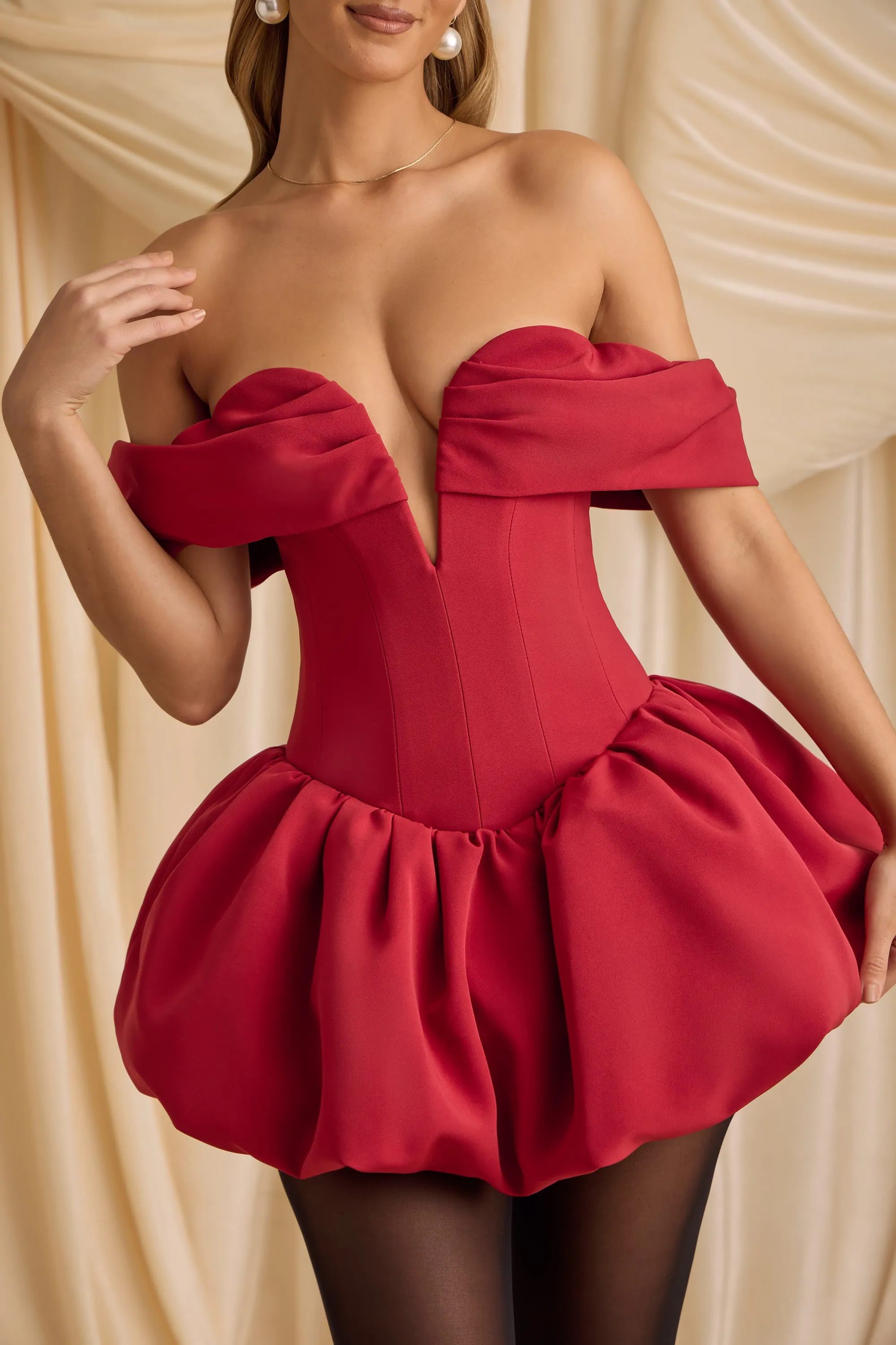 Off-Shoulder Layered Bubble Hem Corset Mini Dress in True Red sold by Oh Polly product image thumbnail 4