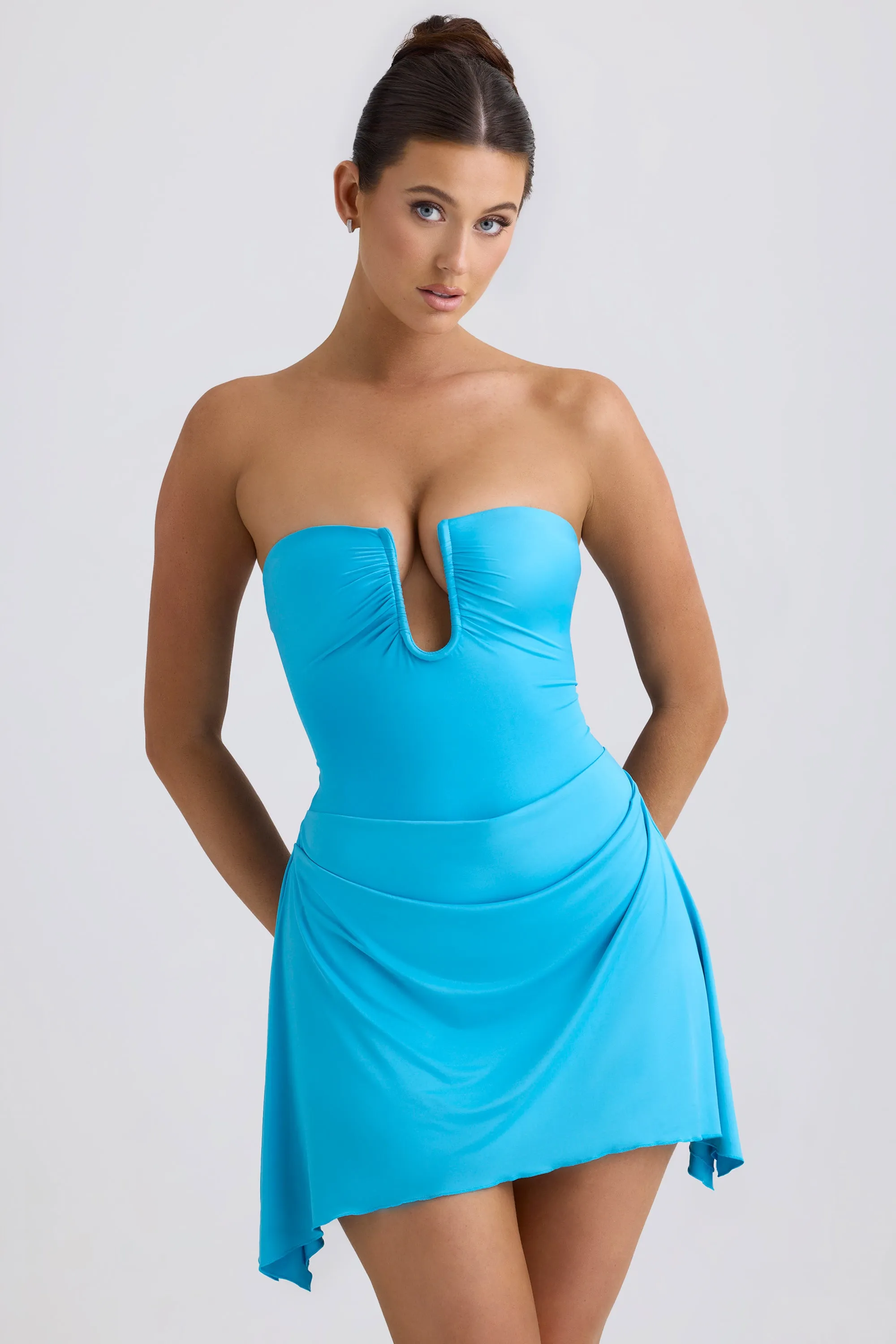Slinky Jersey Draped A-Line Mini Dress in Aqua Blue sold by Oh Polly