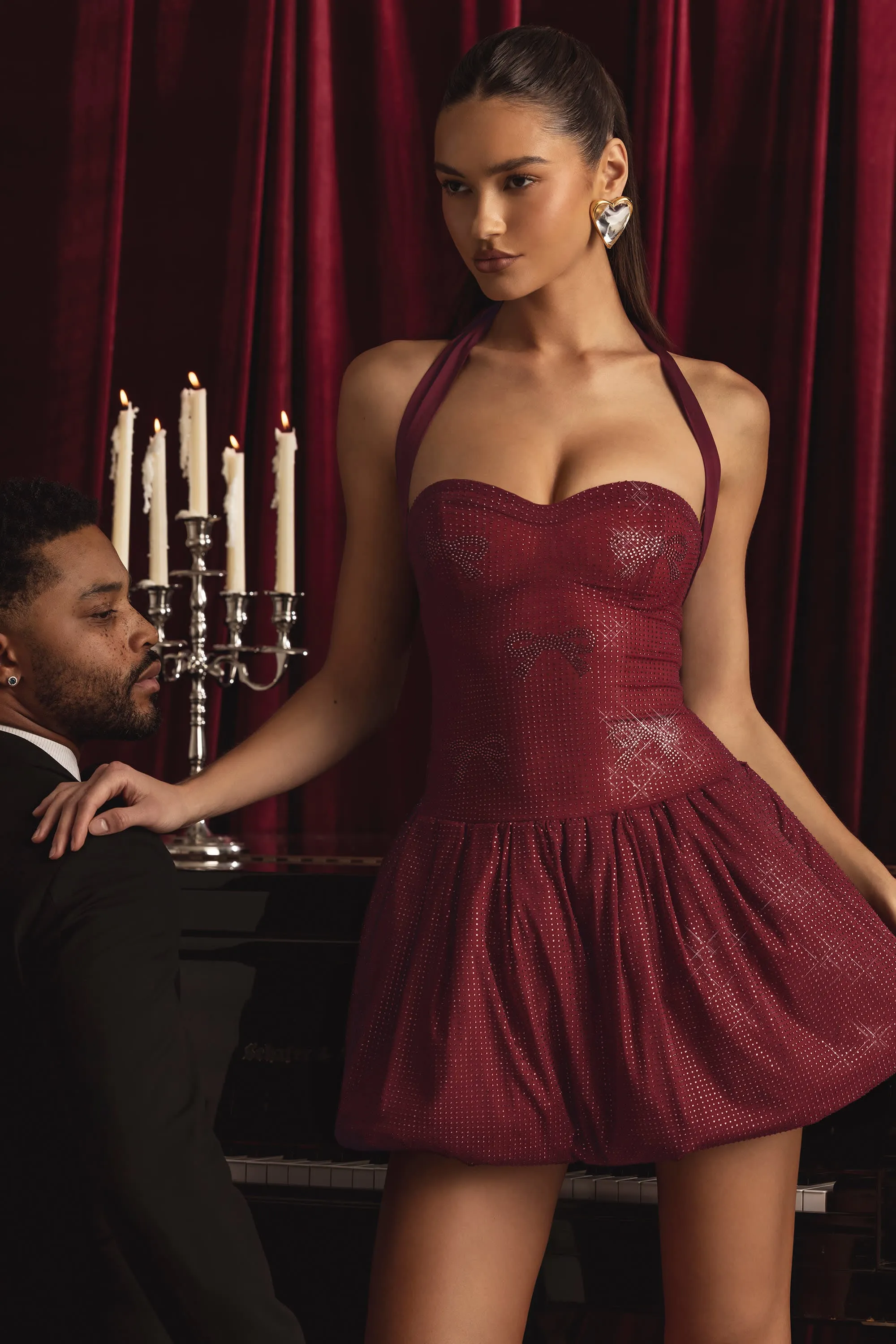 Embellished Halterneck Bubble Hem Mini Dress in Wine Red sold by Oh Polly product image thumbnail 2