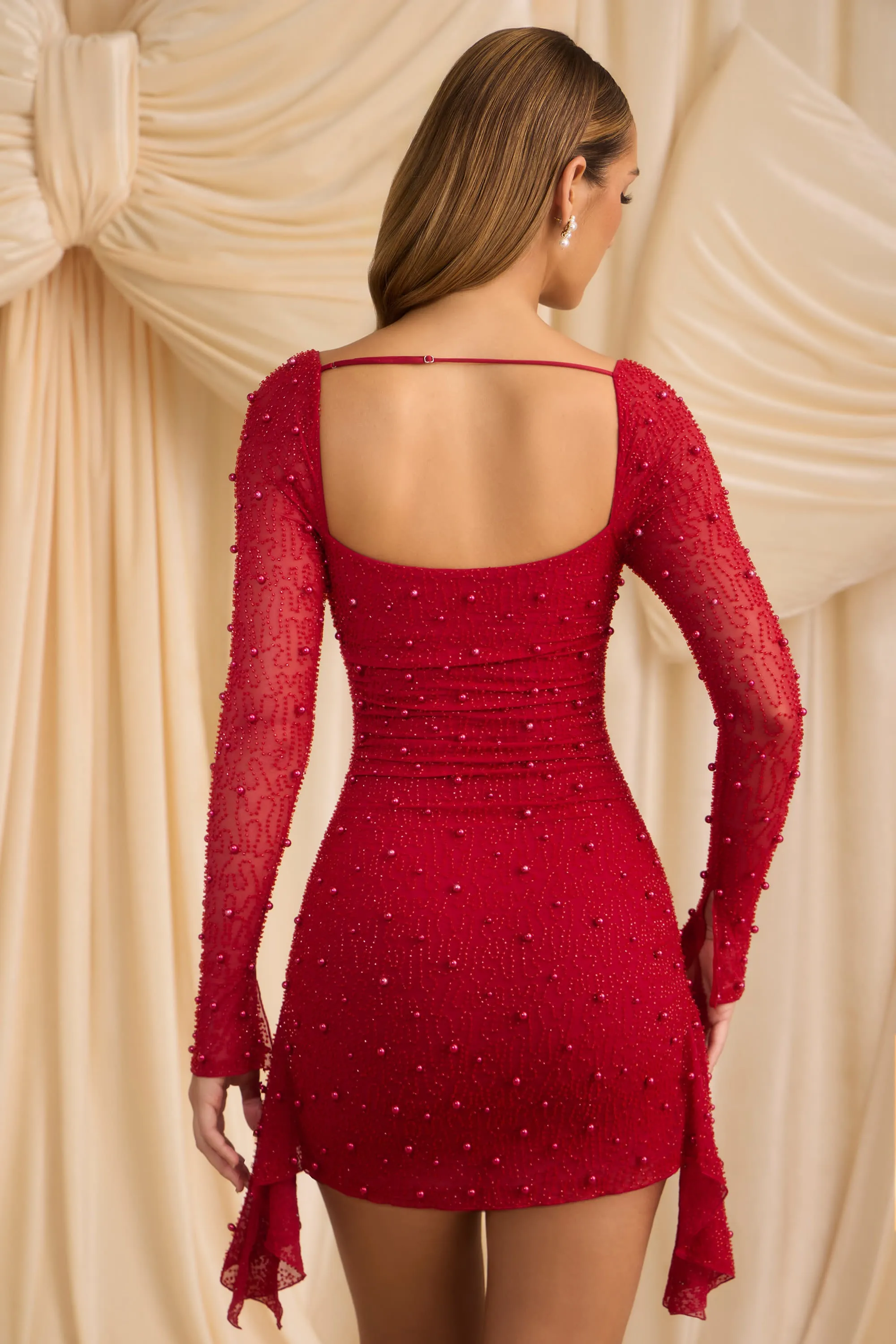 Embellished Cowl-Neck Draped Mini Dress in True Red sold by Oh Polly product image thumbnail 2