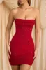 Embellished Strapless Cowl-Neck Mini Dress in True Red sold by Oh Polly