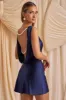 Draped Open-Back A-Line Mini Dress in True Navy sold by Oh Polly