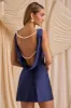 Draped Open-Back A-Line Mini Dress in True Navy sold by Oh Polly