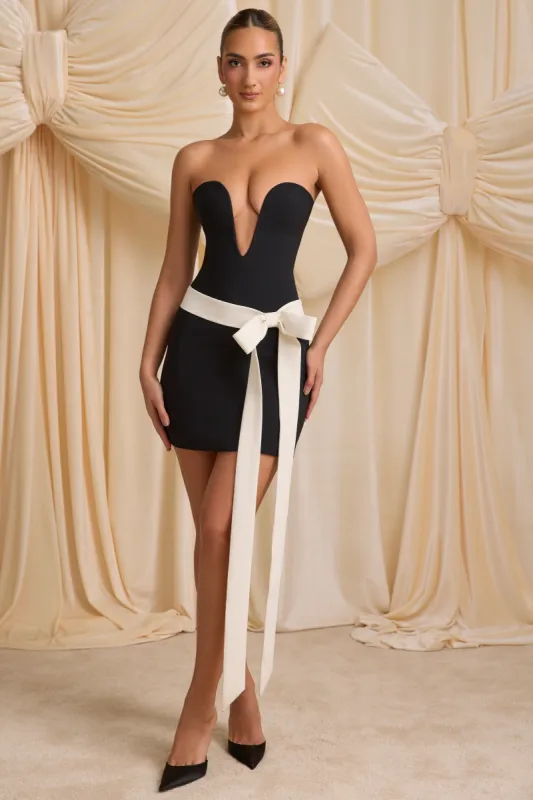Strapless Bow-Detail A-Line Mini Dress in Black sold by Oh Polly
