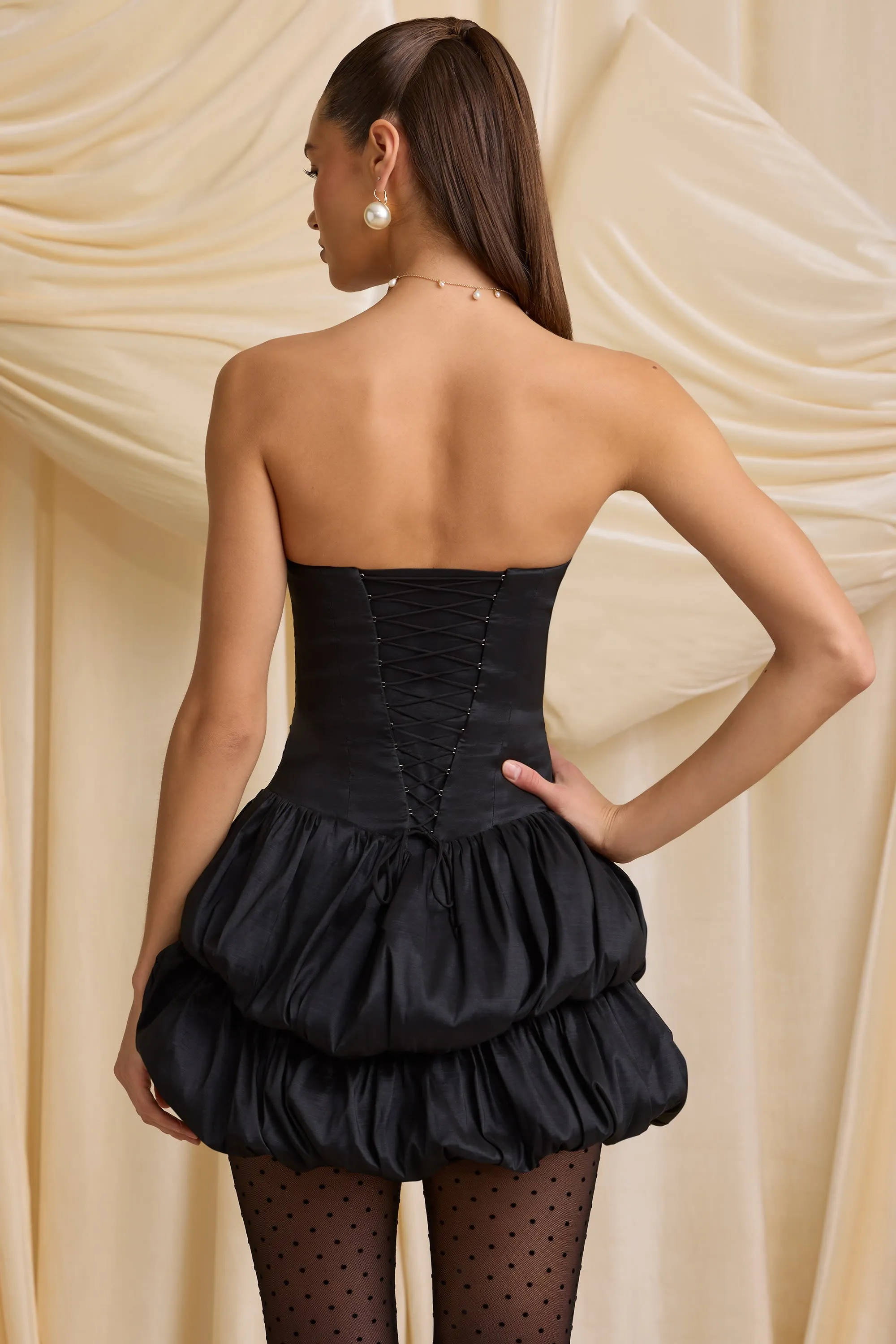 Satin Bubble Hem Corset Mini Dress in Black sold by Oh Polly product image thumbnail 3