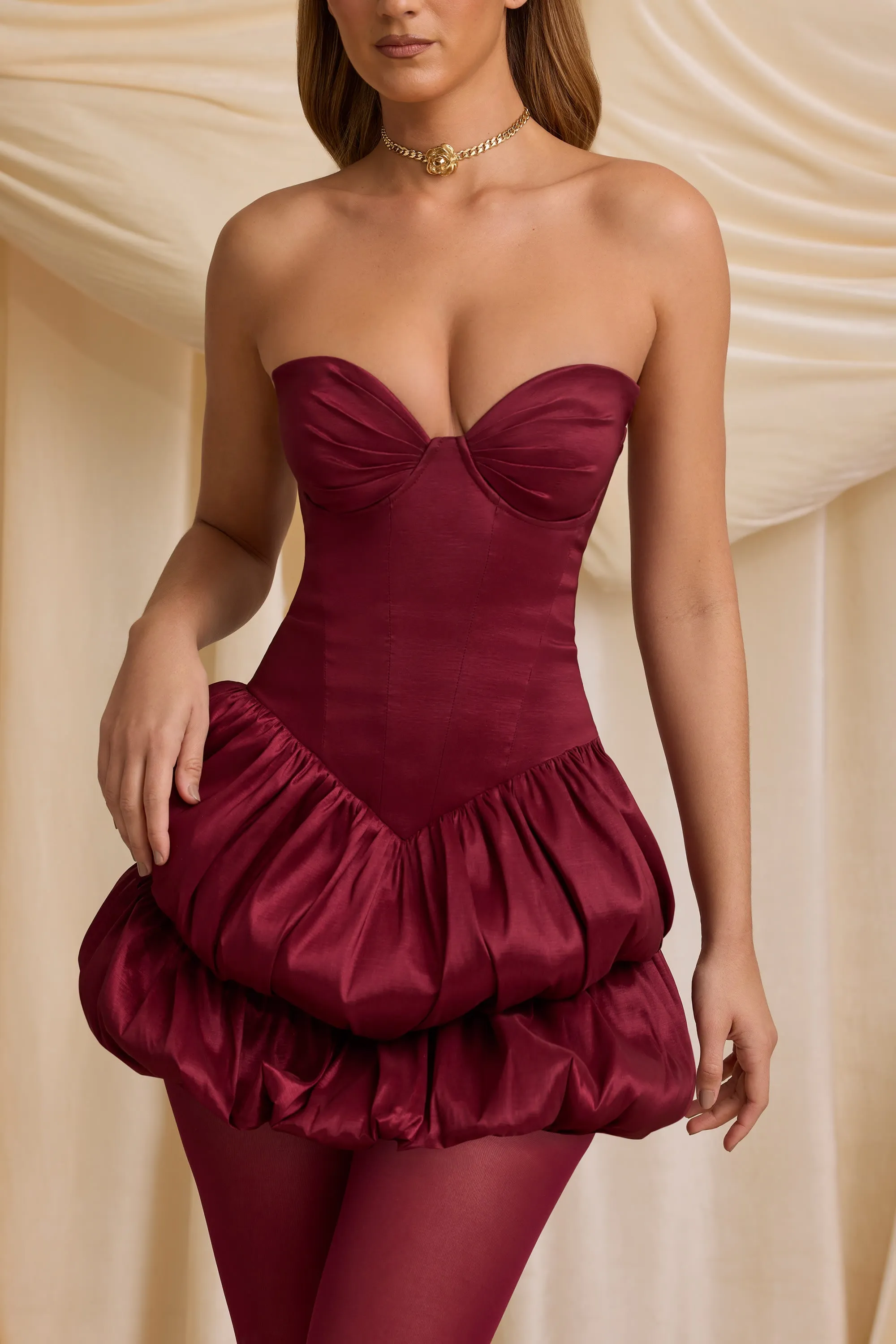 Satin Bubble Hem Corset Mini Dress in Wine Red sold by Oh Polly product image thumbnail 4
