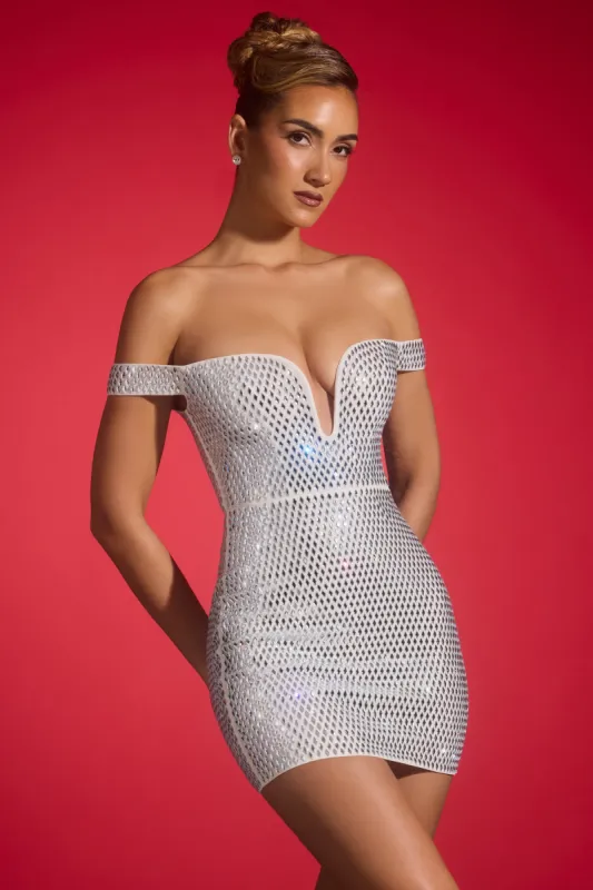 Embellished Off-Shoulder Mini Dress in White sold by Oh Polly