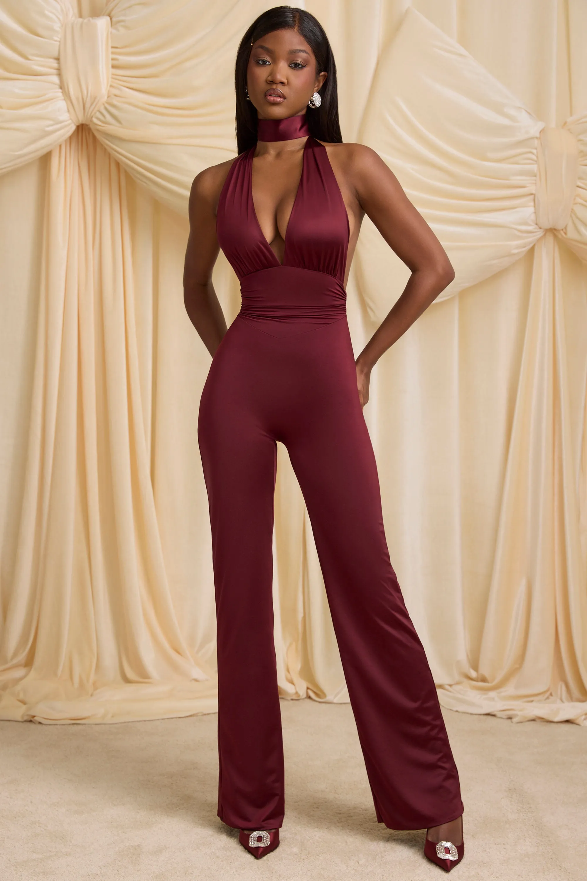 Tall Scarf-Detail Halterneck Jumpsuit in Wine Red sold by Oh Polly product image thumbnail 5