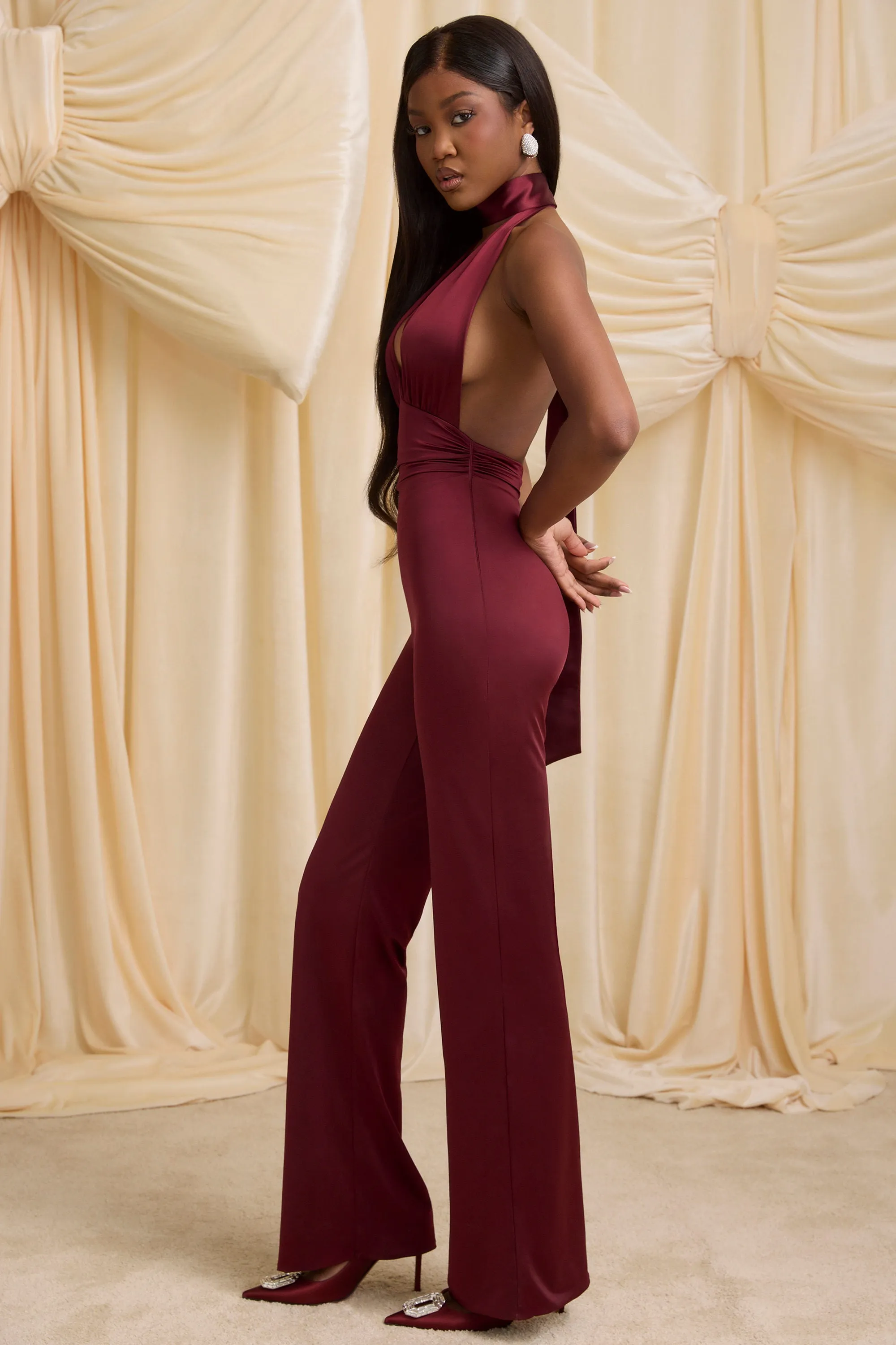 Tall Scarf-Detail Halterneck Jumpsuit in Wine Red sold by Oh Polly product image thumbnail 3