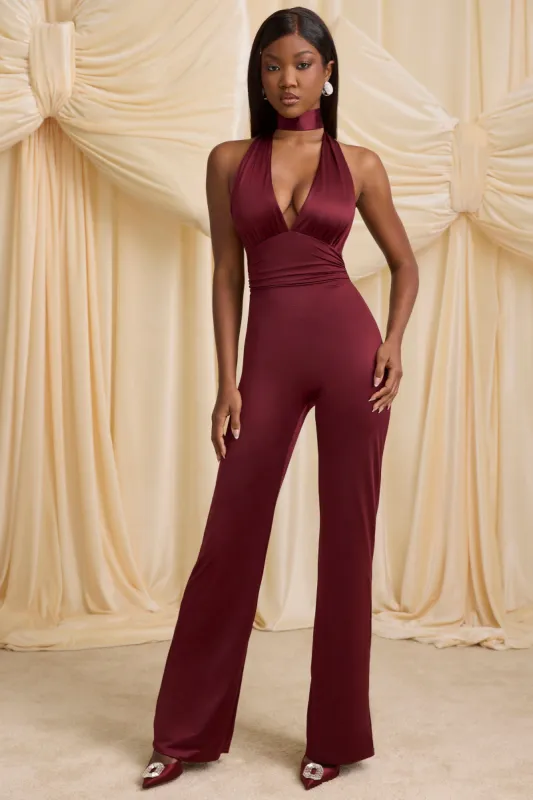Tall Scarf-Detail Halterneck Jumpsuit in Wine Red sold by Oh Polly