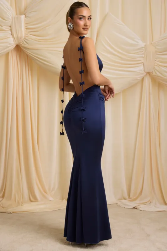 Bow-Detail Draped Open-Back Gown in True Navy sold by Oh Polly
