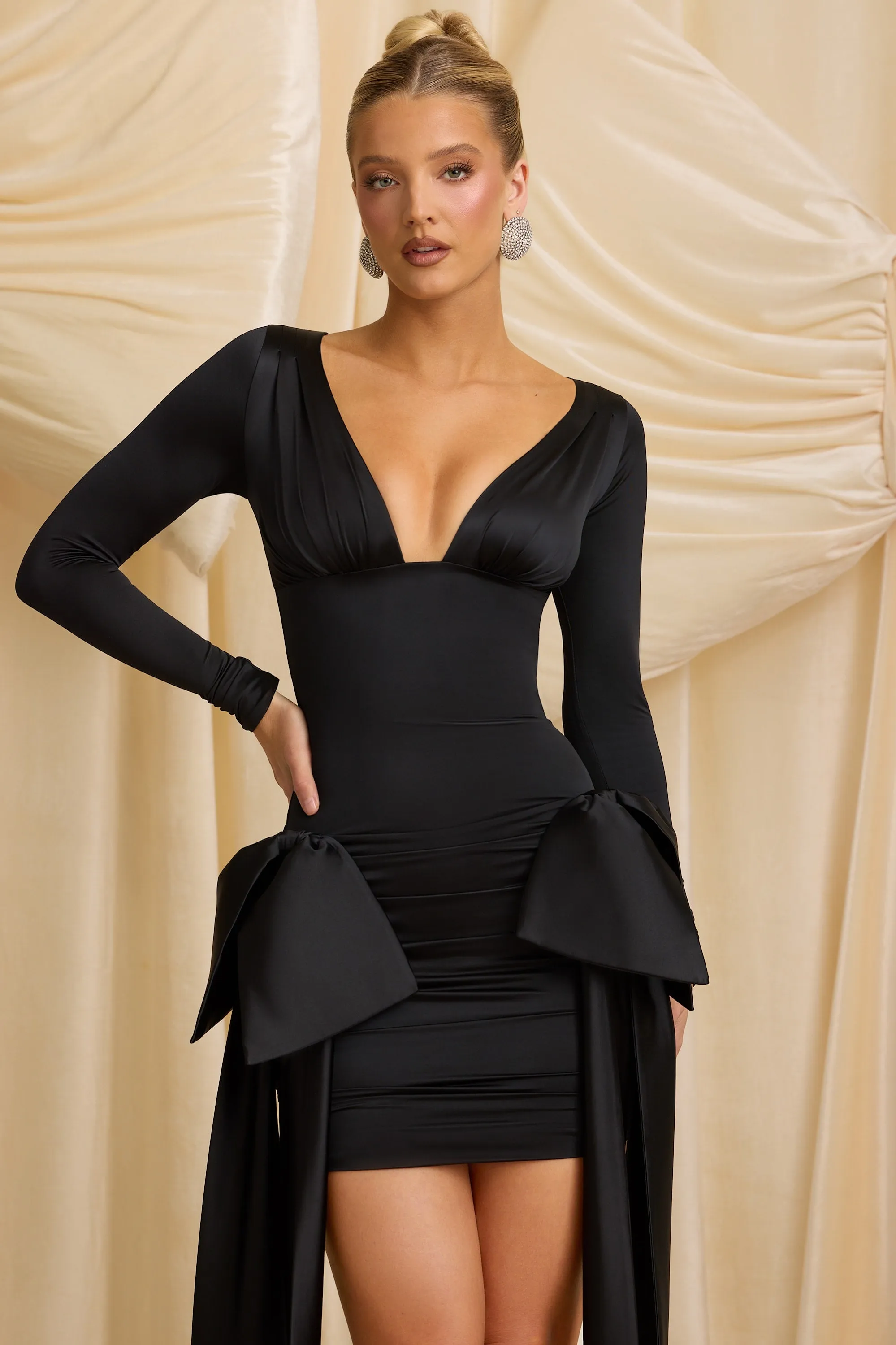 Bow-Detail Ruched Mini Dress in Black sold by Oh Polly product image thumbnail 4