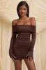 Bow-Detail Off-Shoulder Mini Dress in Chocolate Brown sold by Oh Polly